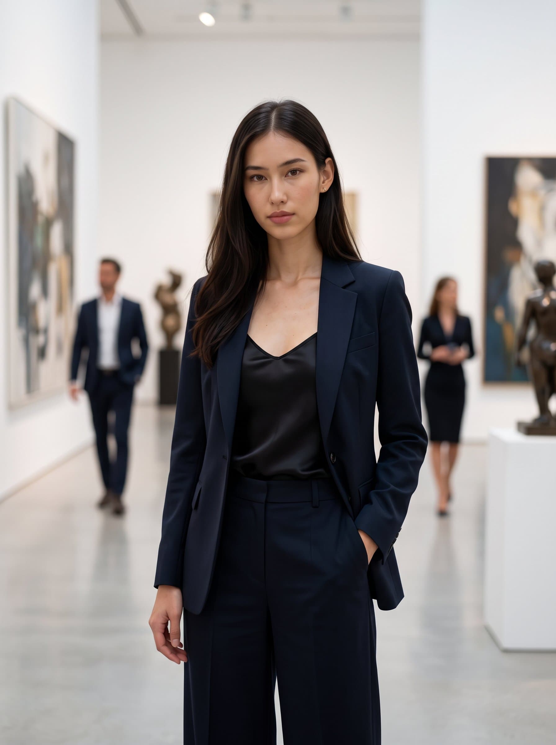Capture a modern chic with a tailored jacket and a relaxed expression. The softly focused background of an art gallery enhances their creative and authoritative presence.
