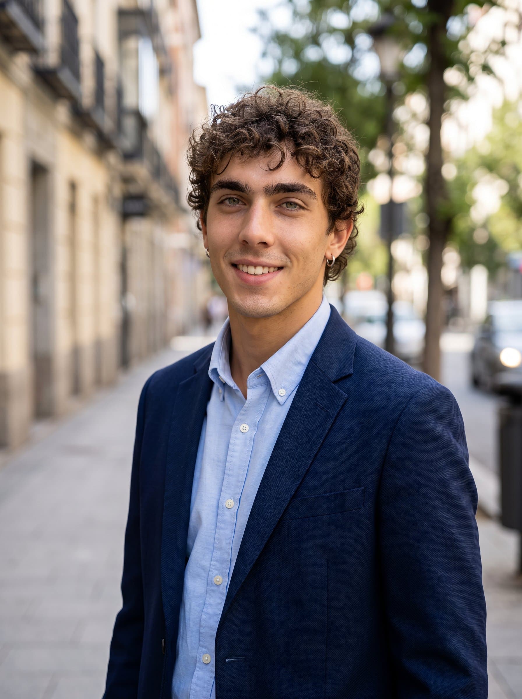 Photograph a modern chic under natural light, wearing a stylish blazer. The soft-focus urban backdrop enhances their poised and approachable demeanor.