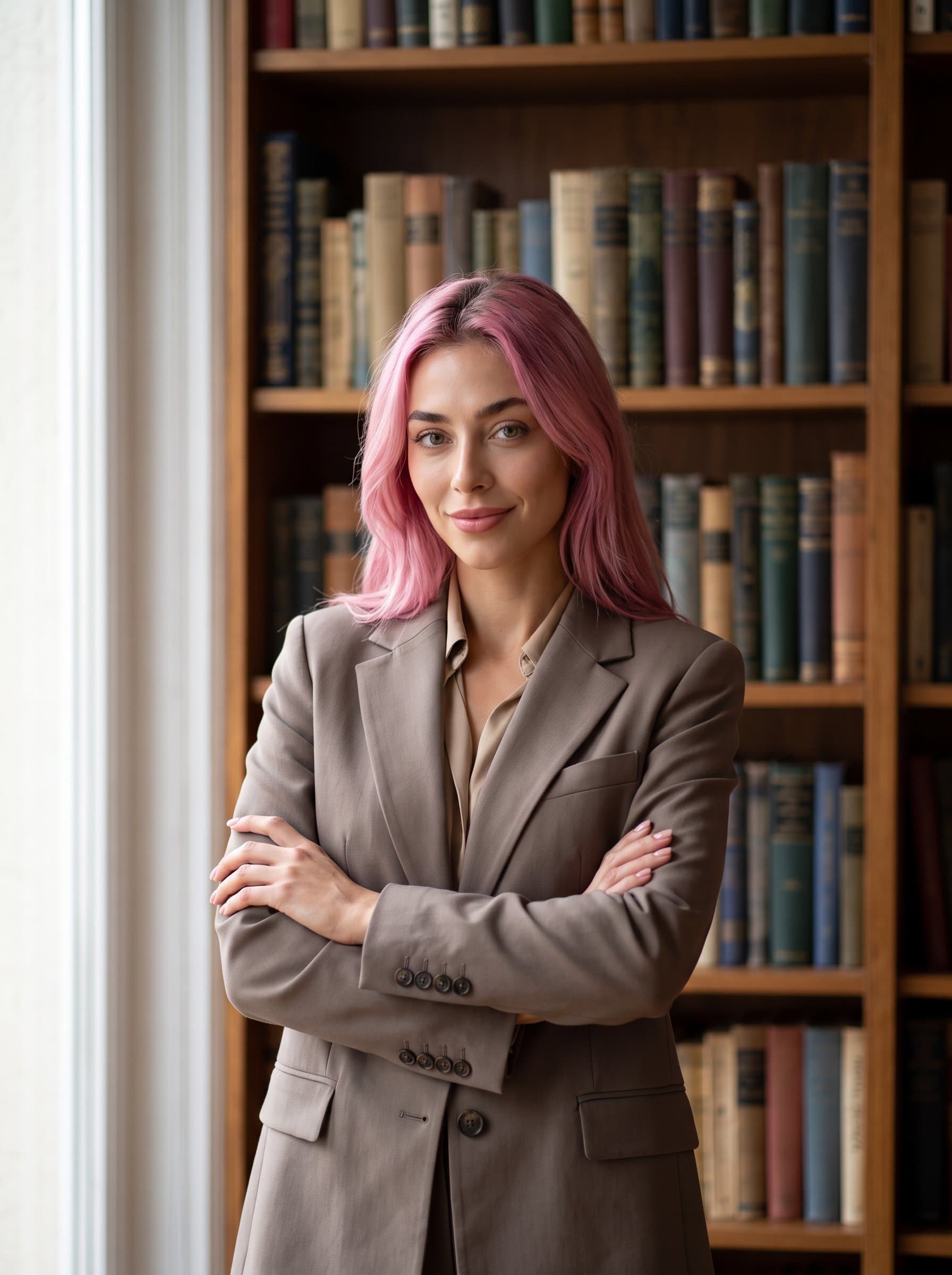 Highlight a classic professional wearing a neutral-toned blazer, standing against a softly blurred bookshelf. Natural light emphasizes their facial features, projecting confidence and intelligence.
