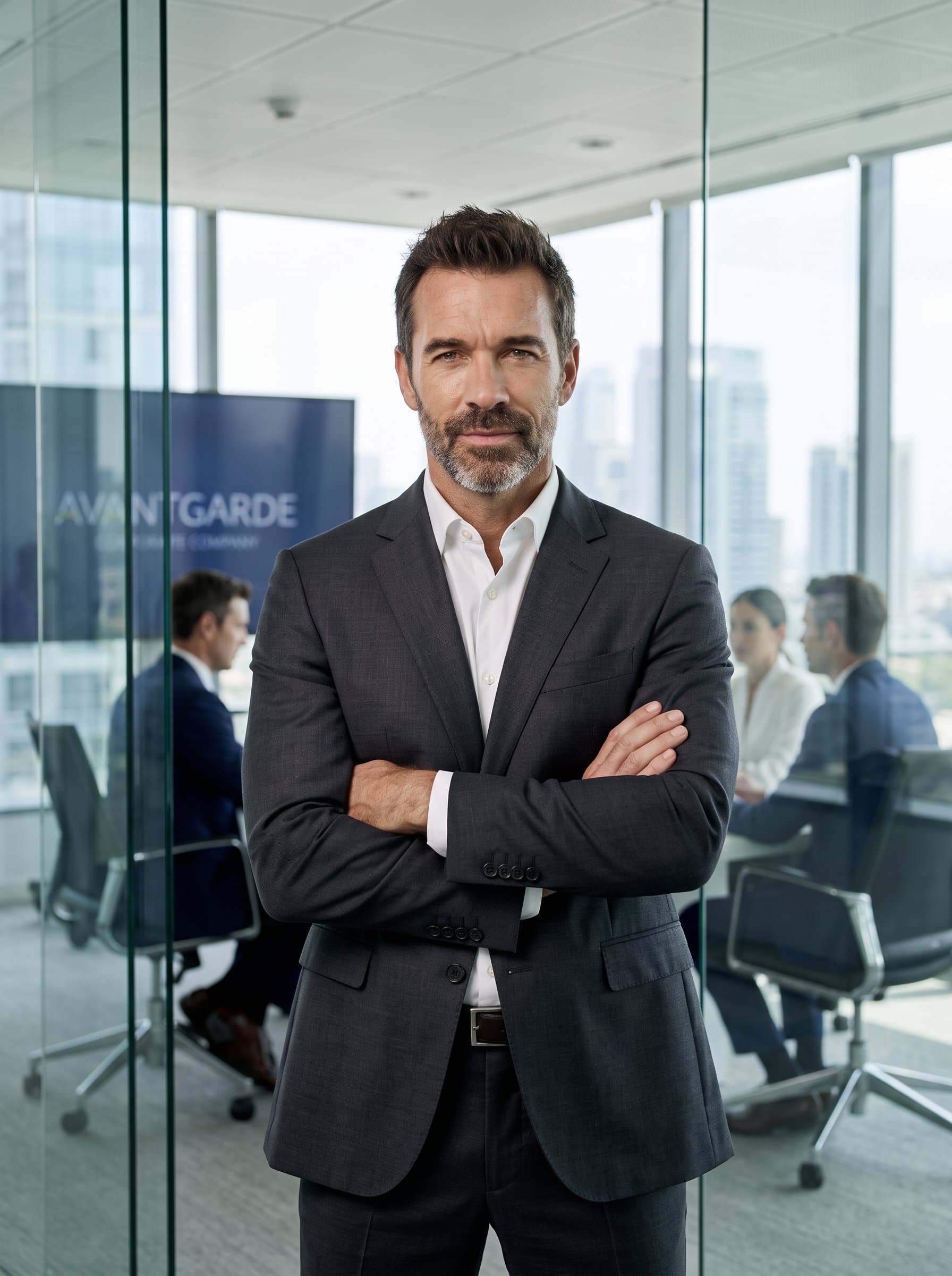 standing with arms crossed, exuding confidence and decisiveness in a modern glass-walled boardroom. Soft lighting enhances a professional demeanor and the corporate branding subtly visible in the background.