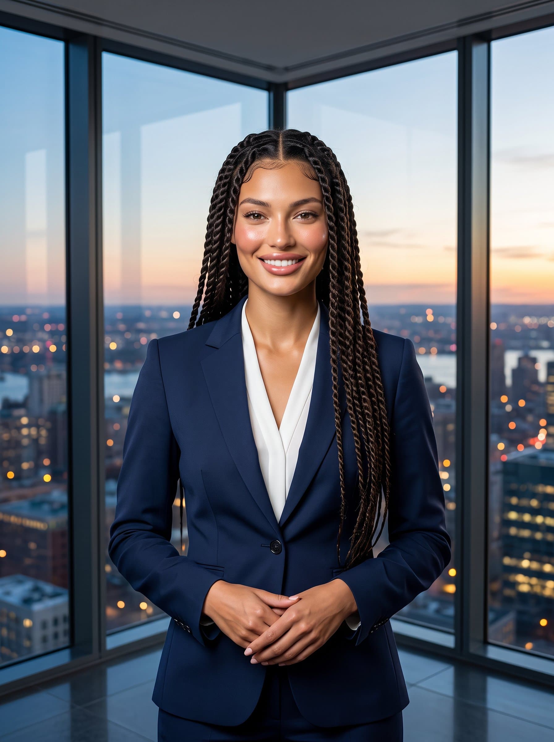 in a tailored business suit, posed confidently against a sleek office backdrop with cityscape elements, showcasing authority and leadership with a warm, inviting expression. Lighting highlights facial features for a polished appearance.