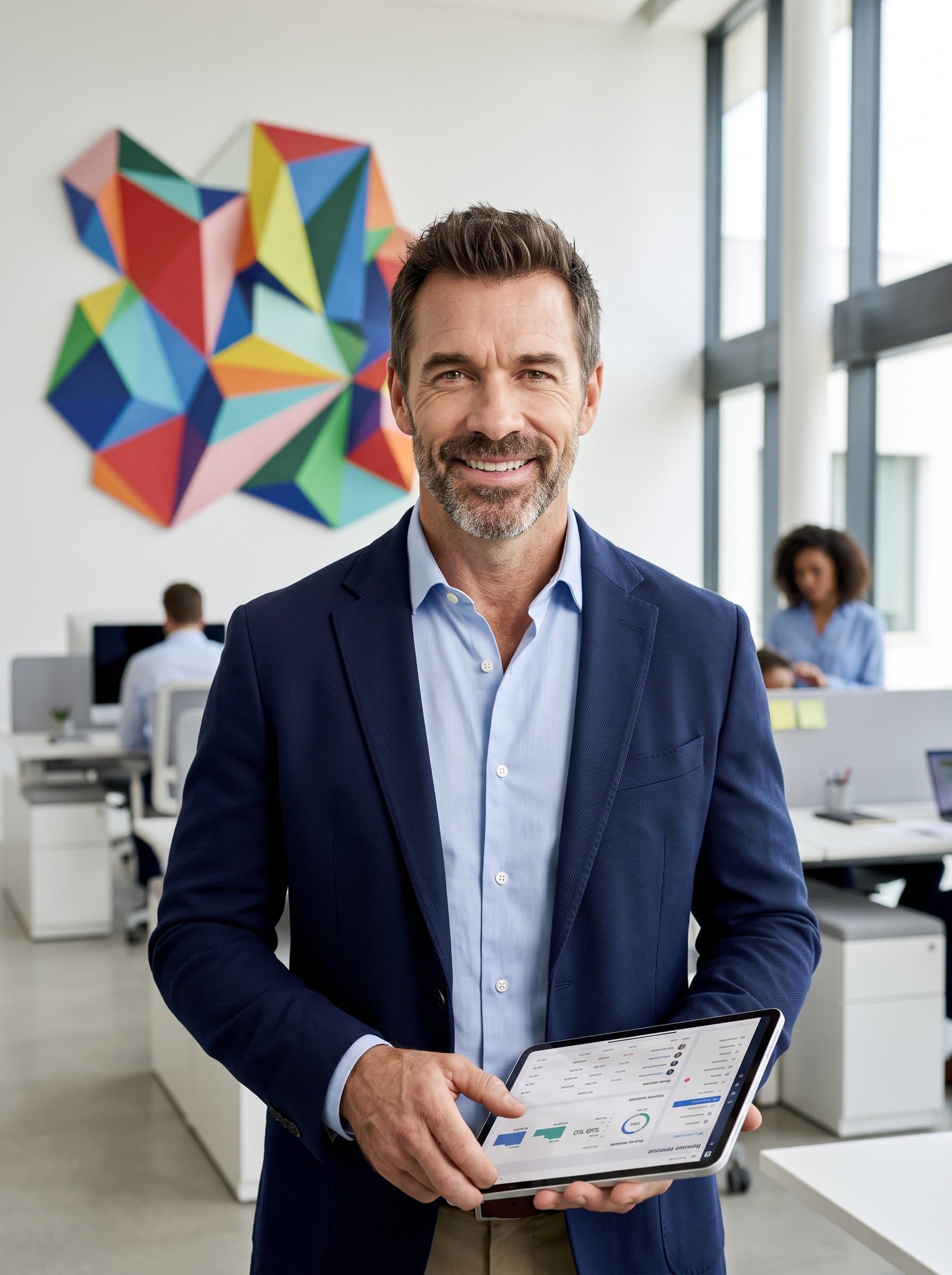 in a contemporary office setting, holding a tablet, looking directly at the camera with a confident smile. Background features abstract corporate art to convey innovation and modern leadership.