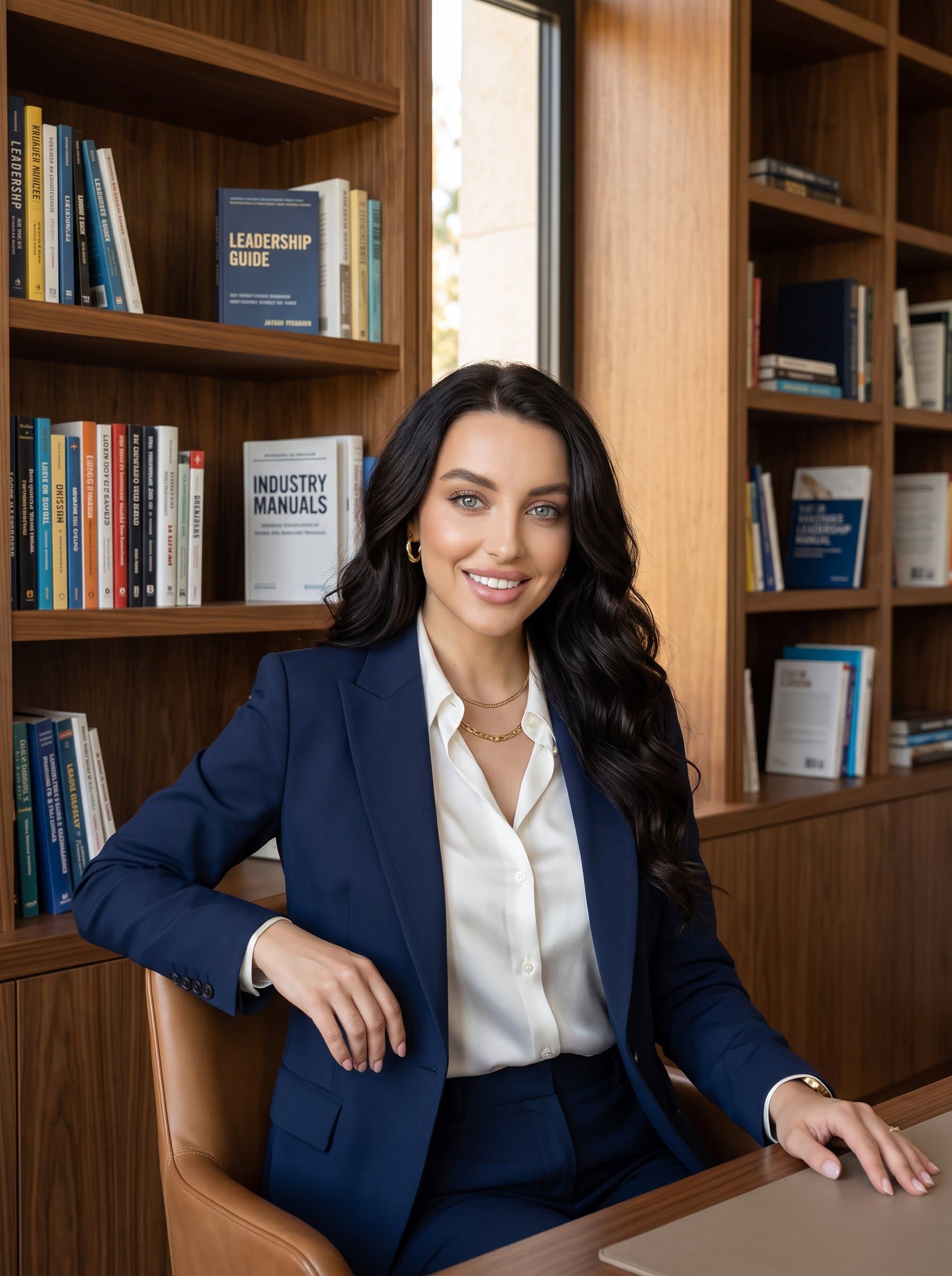 framed by a bookshelf filled with business literature, embodying intelligence and foresight. The woman's relaxed yet assertive posture communicates approachability and executive presence.