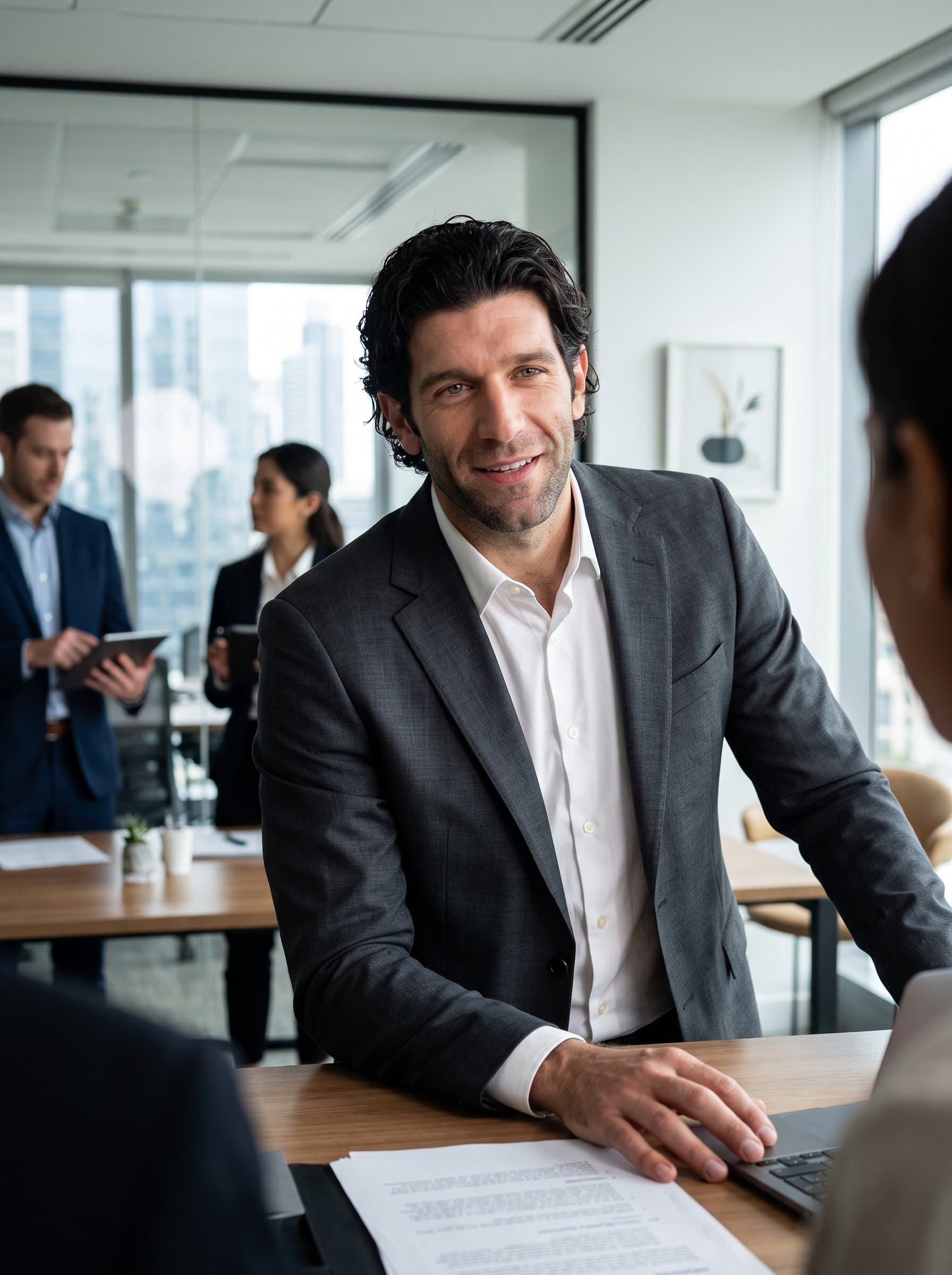 in a formal office environment, leaning slightly forward, exuding engagement and interest. The clean, modern decor complements the man's sophisticated and professional image.