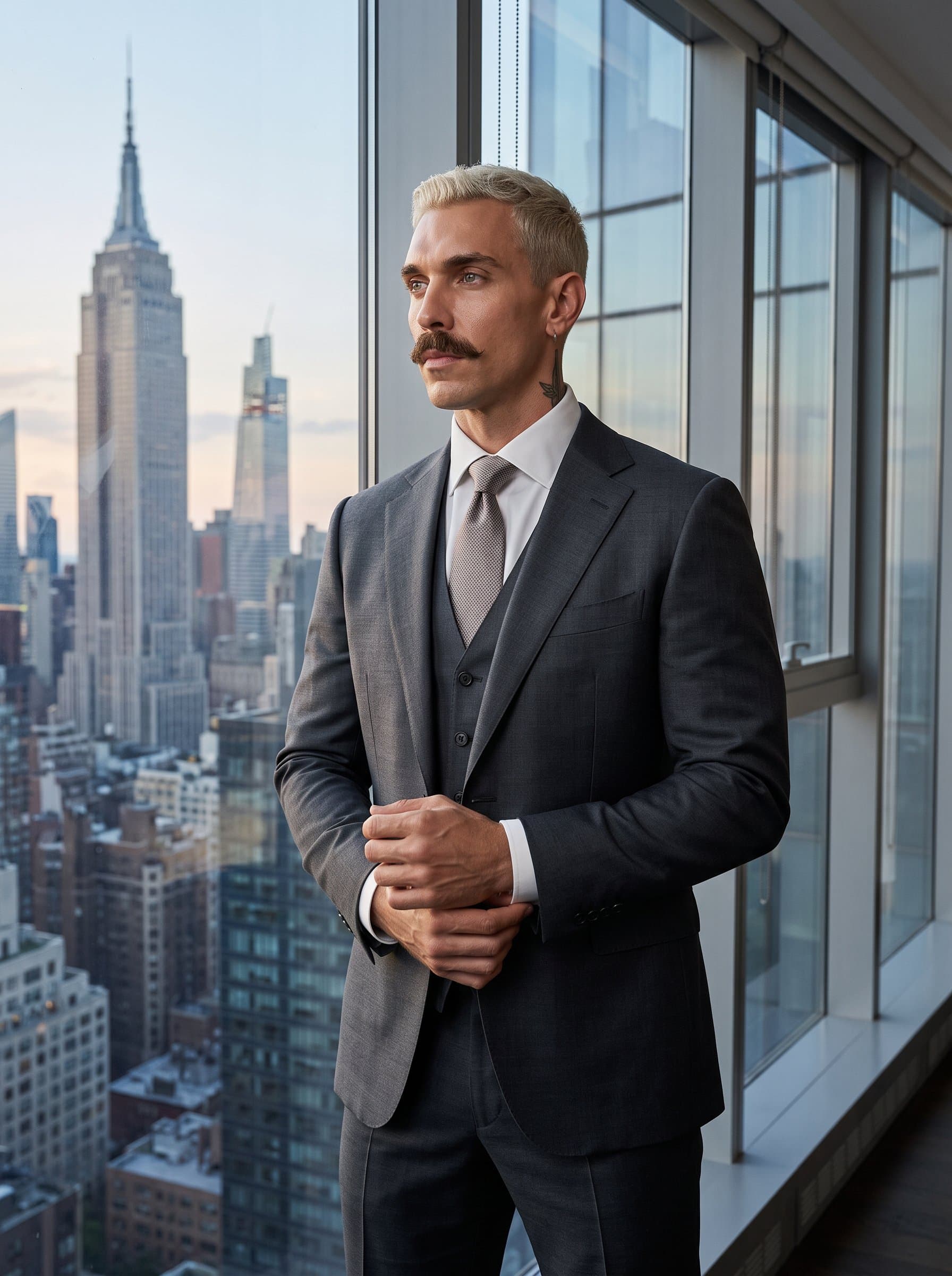 standing beside a large window with a skyline view, dressed in formal attire. The expression is one of determination and focus, reflecting inner strength and corporate ambition.