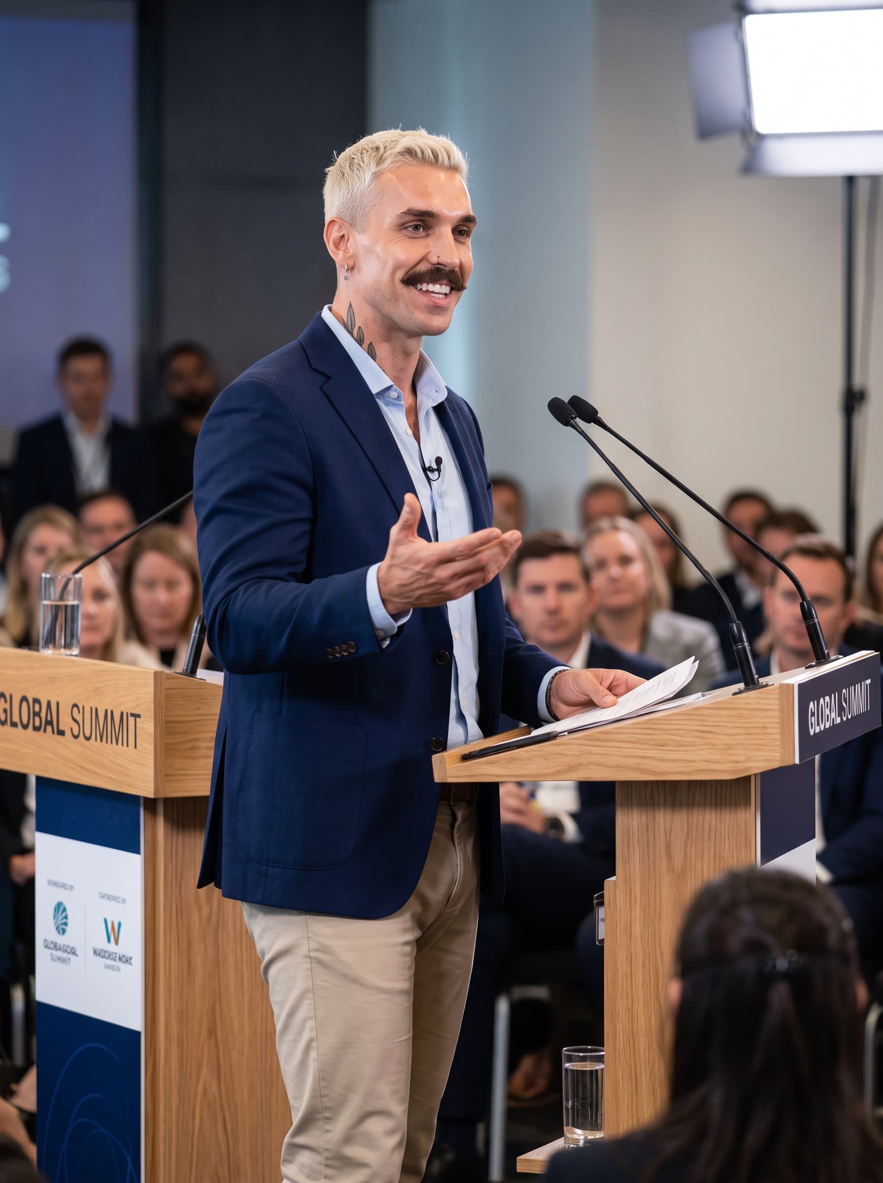 posed at a podium, conveying a sense of authority and public speaking confidence. The background features a blurred audience, emphasizing their role in corporate communication.