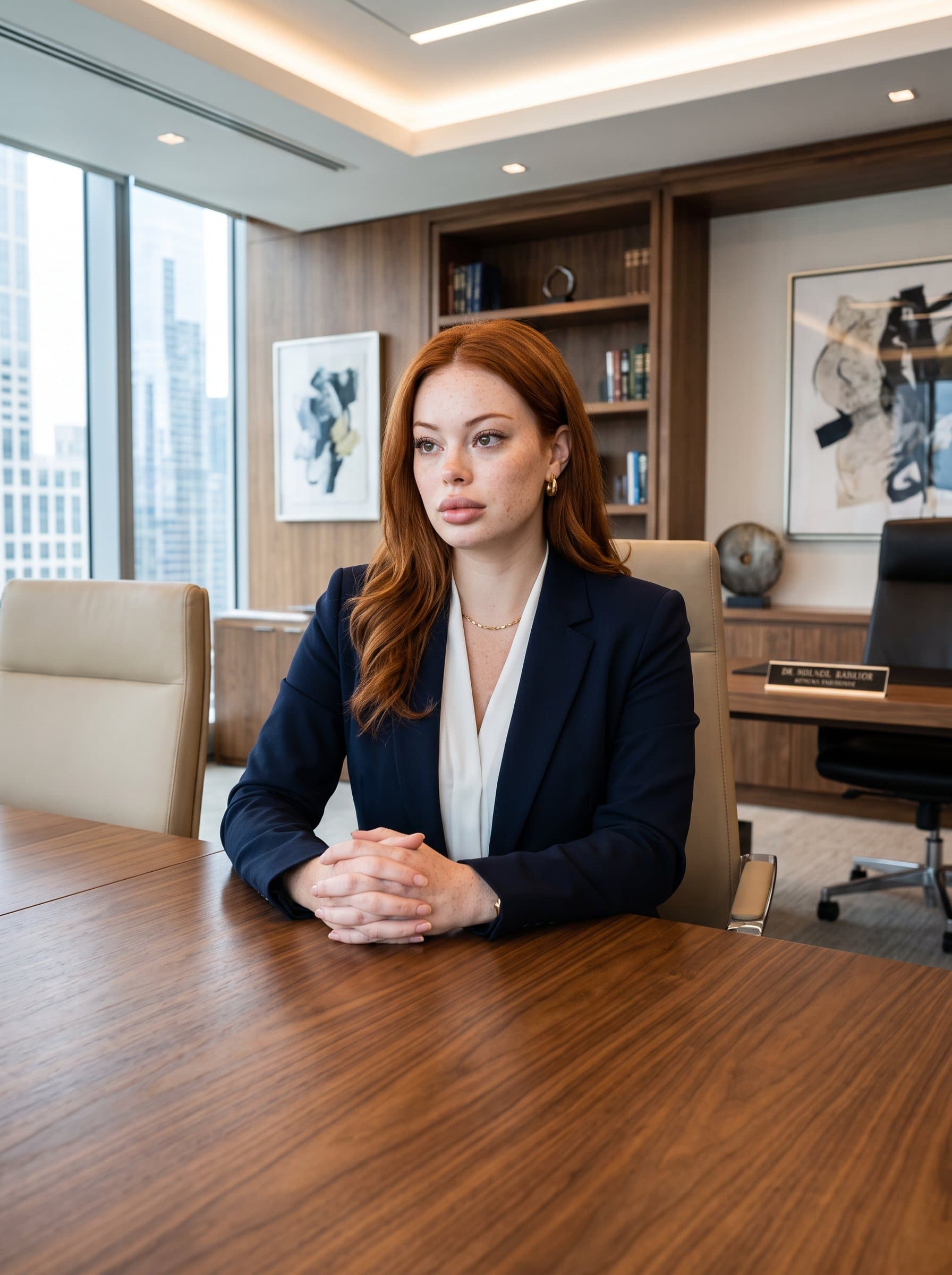 seated at an executive table, hands clasped, projecting a thoughtful and strategic mindset. Elegant office decor in the background complements the woman's poised and authoritative presence.