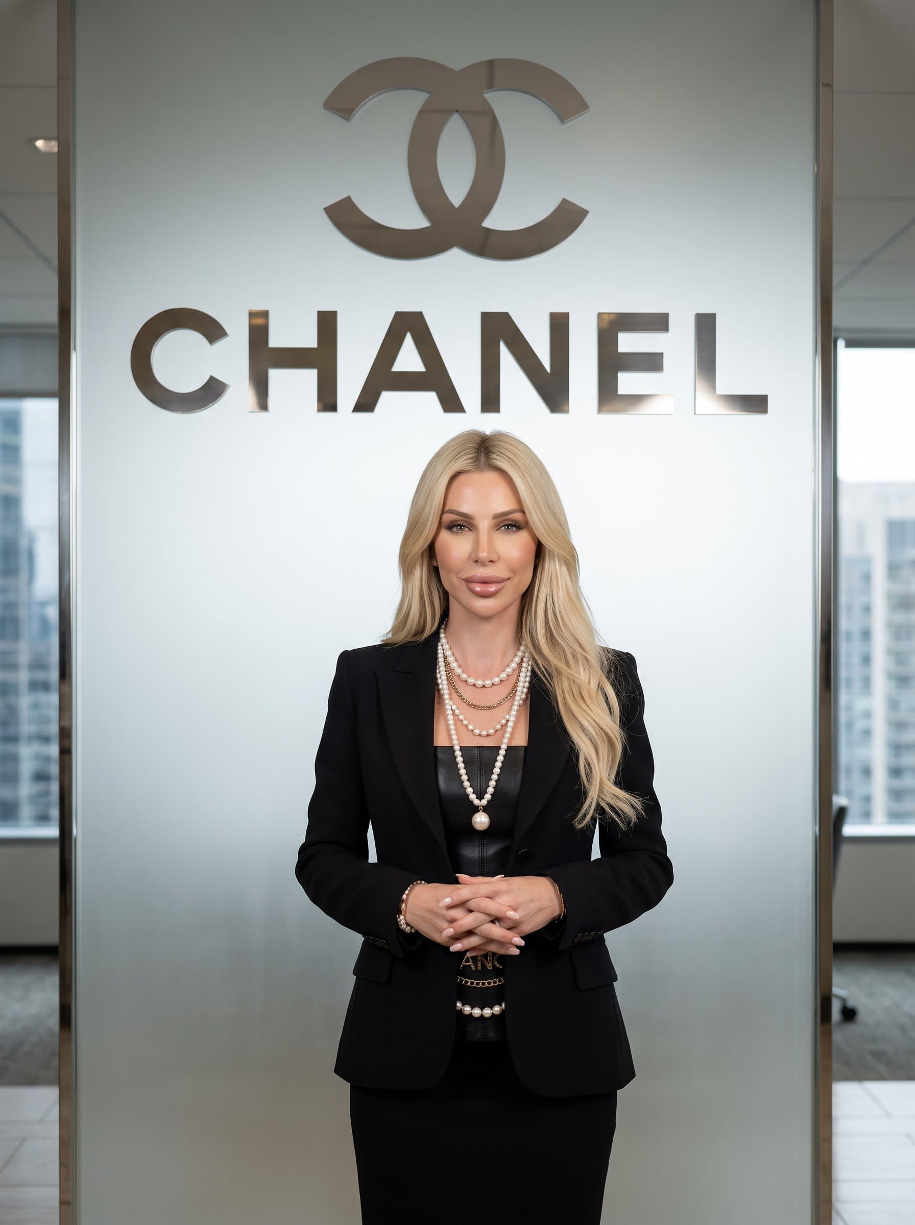 standing before a large corporate logo, blending seamlessly as a representation of brand leadership. The poised expression is one of confidence and corporate allegiance.