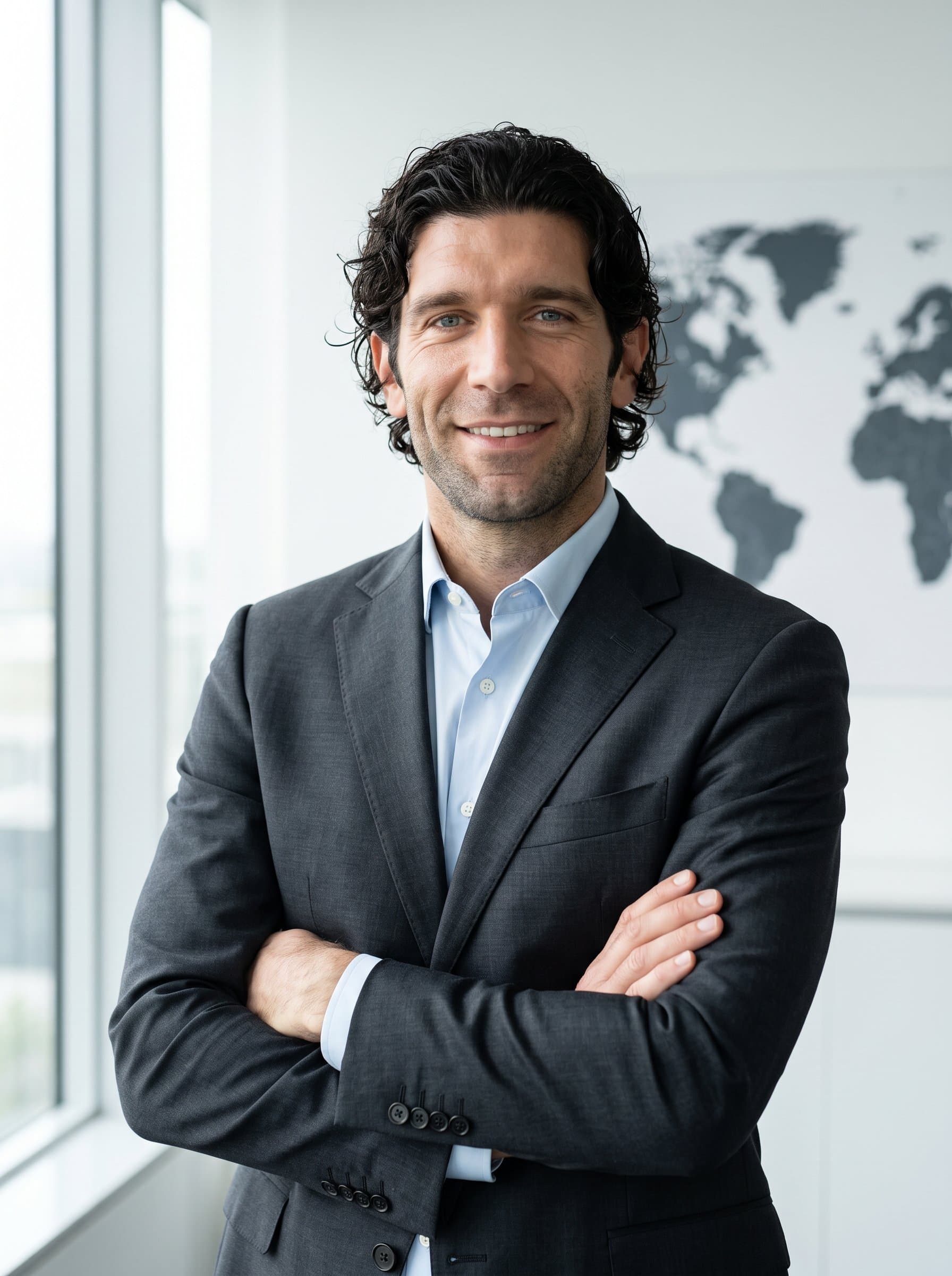 with a confident stance in a minimalist office, soft focus on a world map behind symbolizing global leadership. Expression conveys trustworthiness and professional acumen.