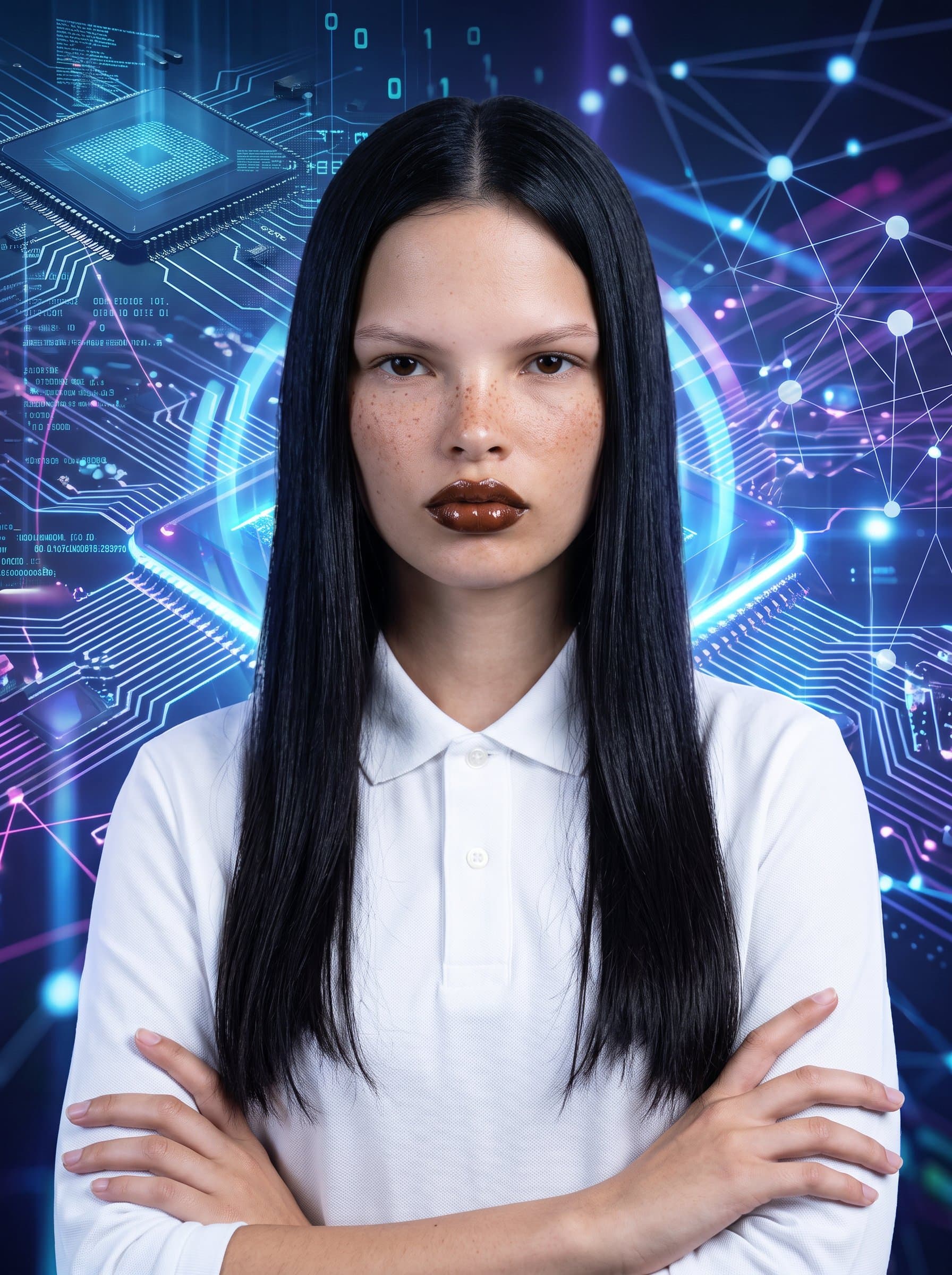 against a backdrop of abstract digital art, symbolizing technological advancement. The woman's confident posture and direct gaze highlight visionary leadership.
