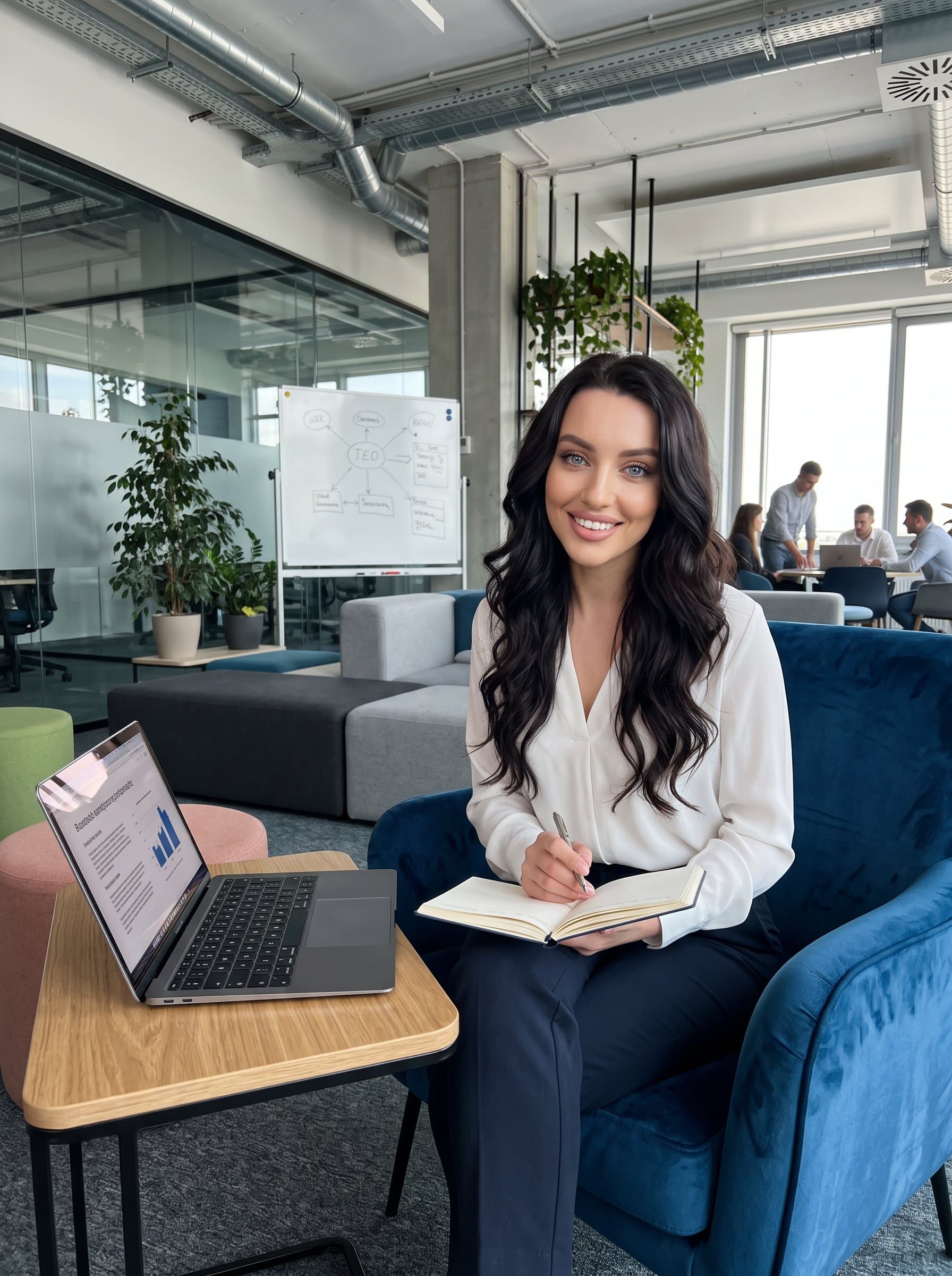in a corporate lounge area, seated comfortably with a laptop open on the side, exuding a sense of innovation and flexibility. The background hints at a modern, tech-oriented environment.