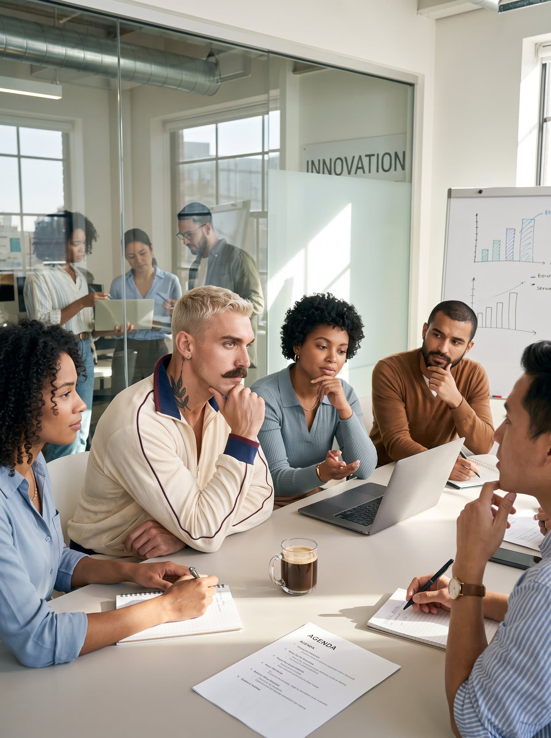 captured in a candid, thoughtful moment, surrounded by team discussion elements, emphasizing collaboration and leadership in action. The clean and modern setting reflects a dynamic corporate environment.