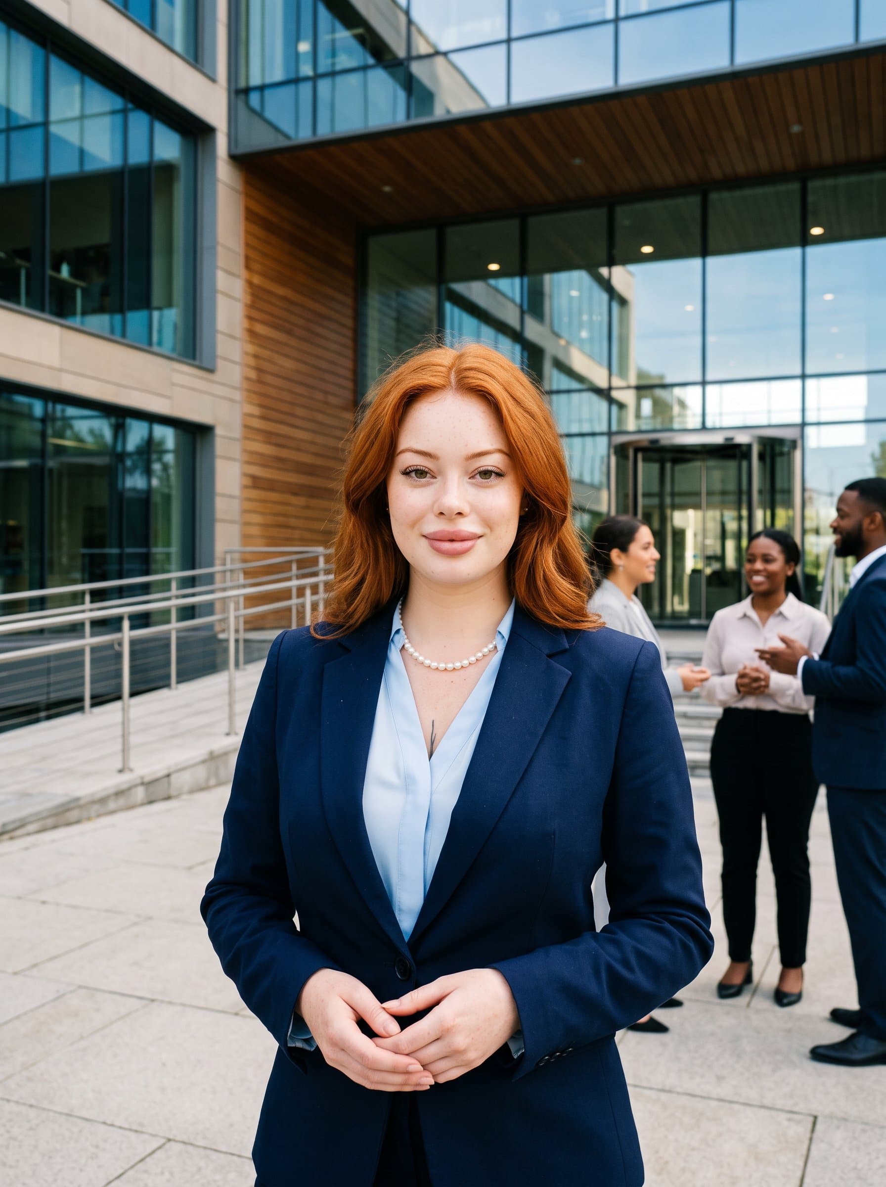in an outdoor setting with a modern building facade, embodying accessibility and openness in leadership. The expression is inviting yet assured, with natural lighting enhancing the professional aura.