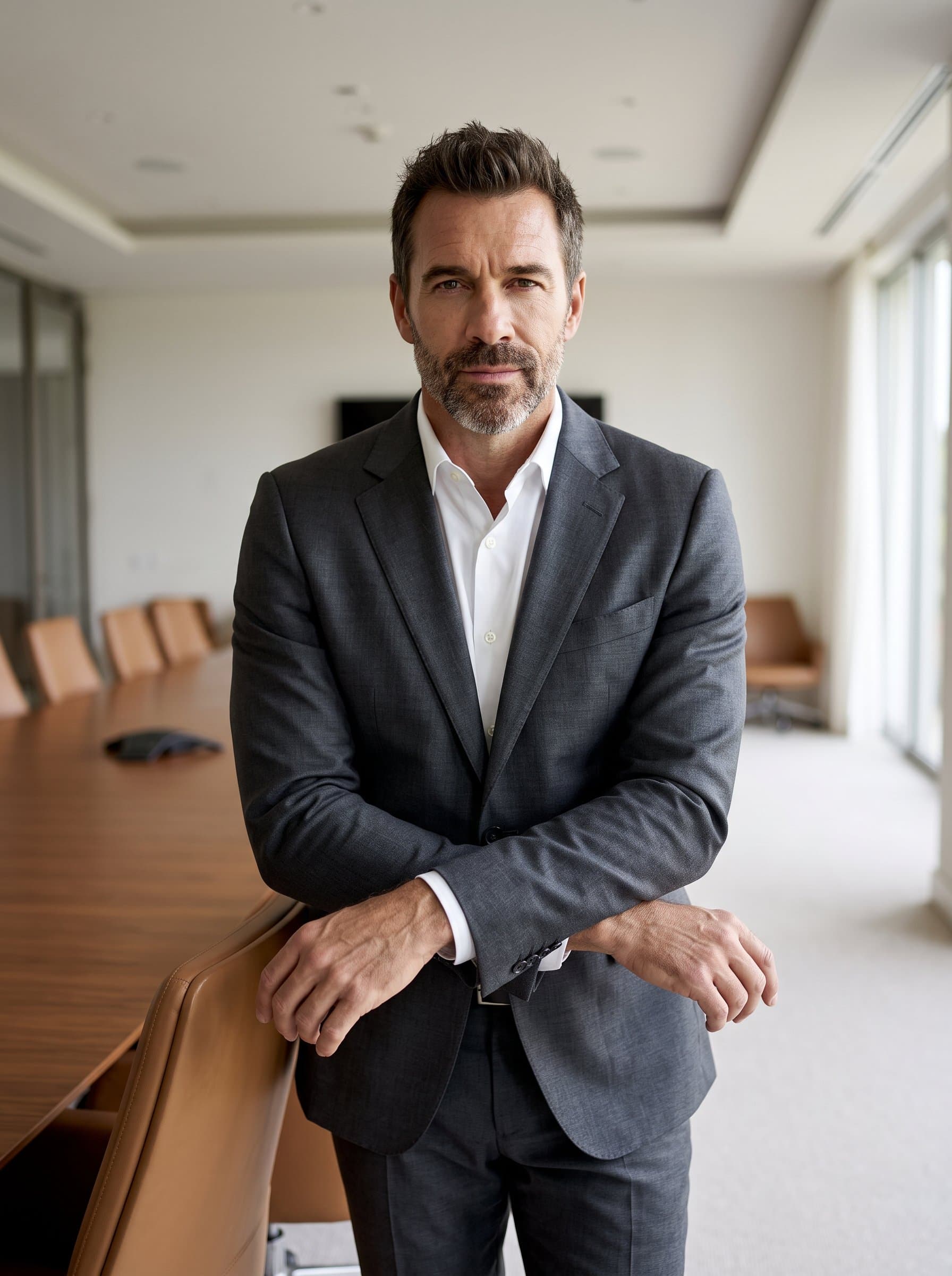 in a spacious boardroom, arms resting on a chair, portraying calm authority. The minimalist decor highlights focus and determination, with soft lighting accentuating facial features.
