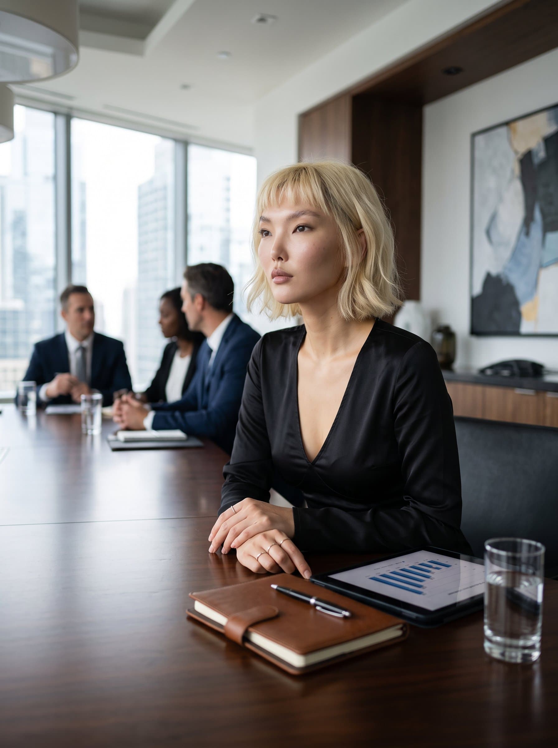 in a sophisticated meeting room, hands resting on a table, gazing thoughtfully into the distance. The setting highlights the woman's strategic capabilities and decision-making prowess.