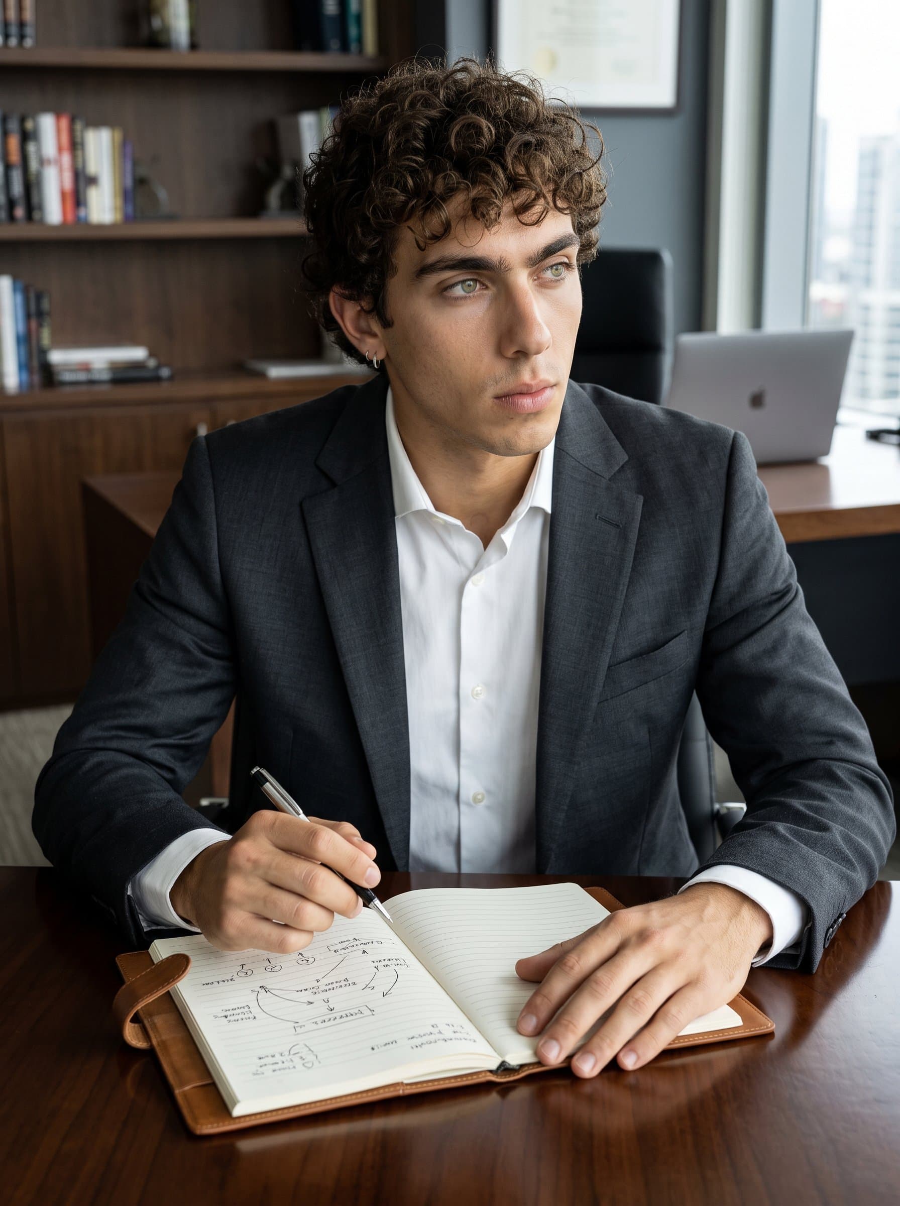 seated with an open notebook, exuding intellectual curiosity and strategic thinking. The elegant office backdrop supports a narrative of professionalism and preparedness.