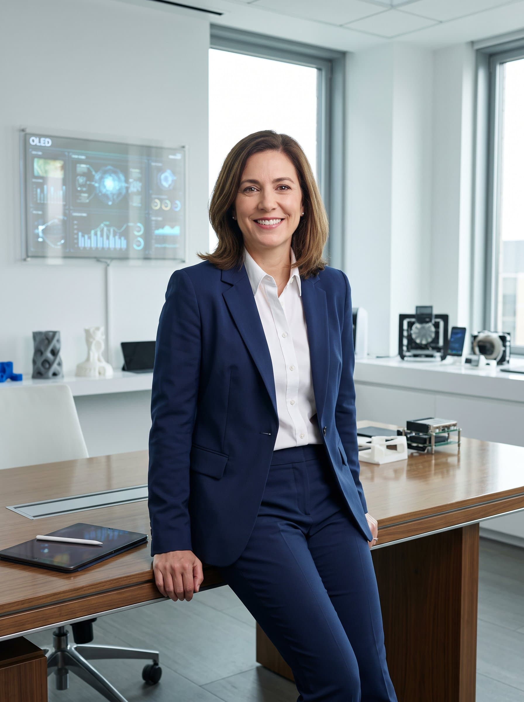 casually leaning against a desk, arms relaxed, projecting a friendly yet authoritative vibe. Backdrop includes cutting-edge technology, suggesting forward-thinking leadership.