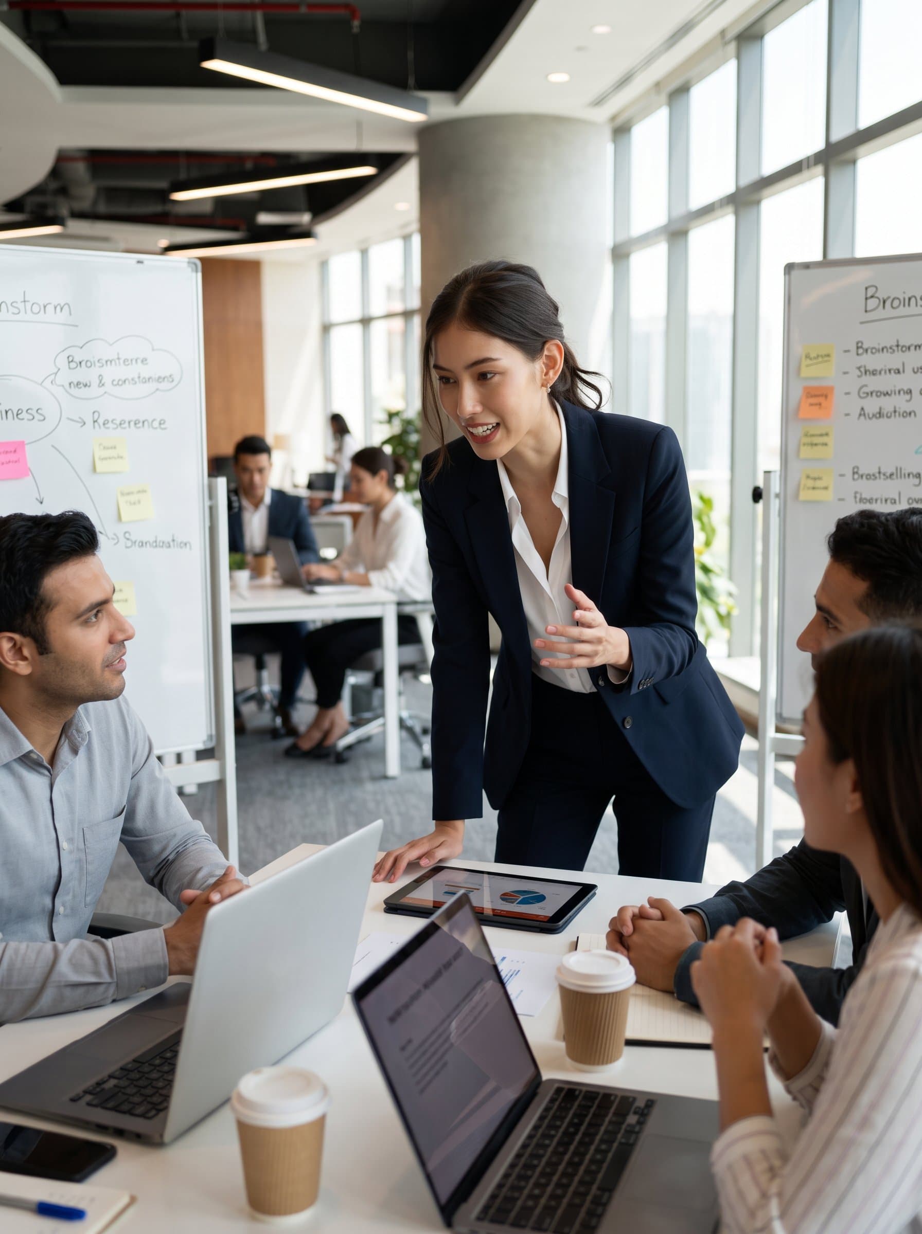 captured in a dynamic working pose, mid-conversation, showcasing effective communication skills. The vibrant office setting enhances a lively and proactive leadership style.