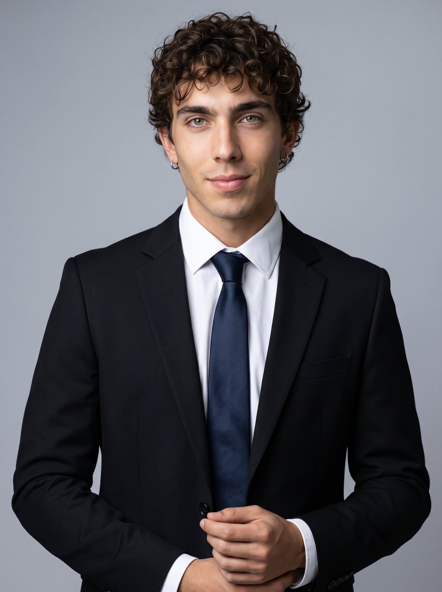 Capture in a classic black blazer, presenting a poised expression against a soft grey backdrop, ideal for creating a refined and impactful business card image.