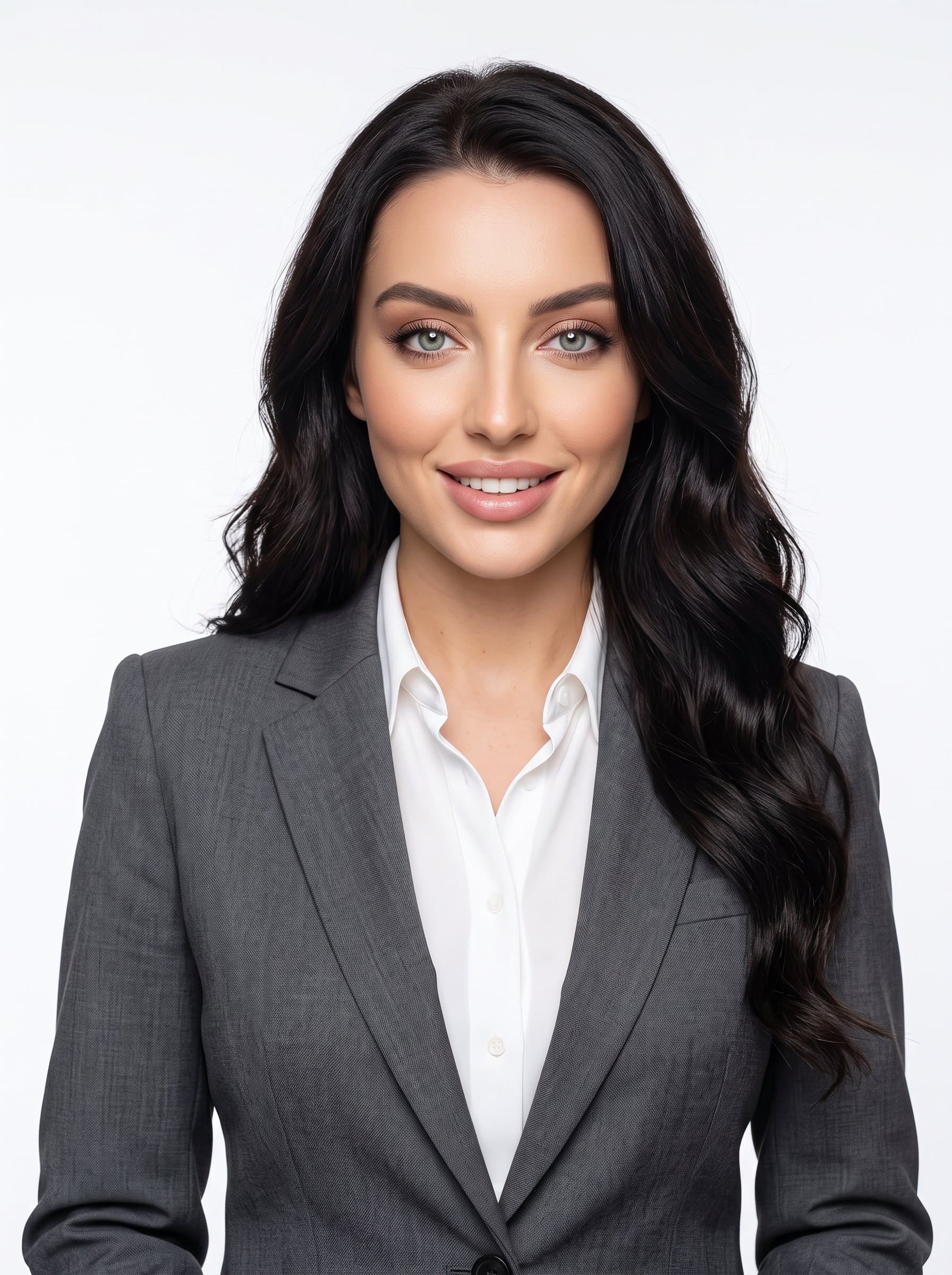A photorealistic AI headshot featuring in a sleek business suit with a clean white background, exuding confidence and professionalism, perfect for a modern business card.