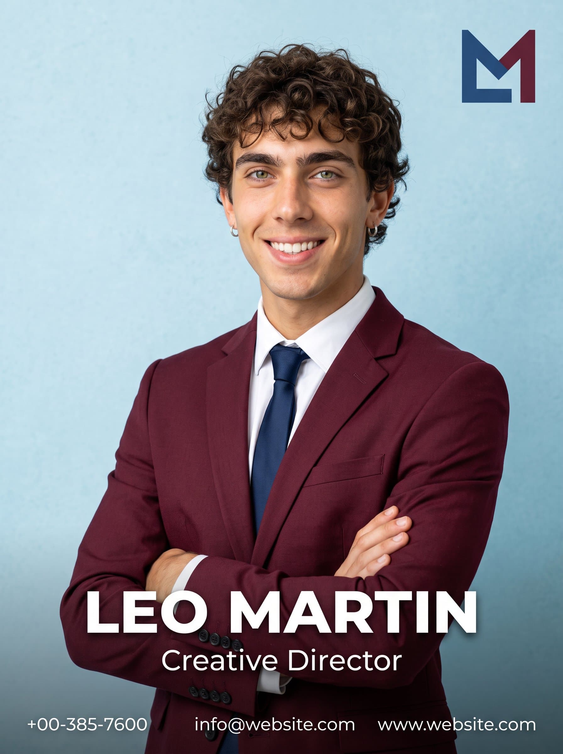 Depict in a modern burgundy blazer, striking a confident pose against a light blue background, designed for a vibrant and engaging business card.