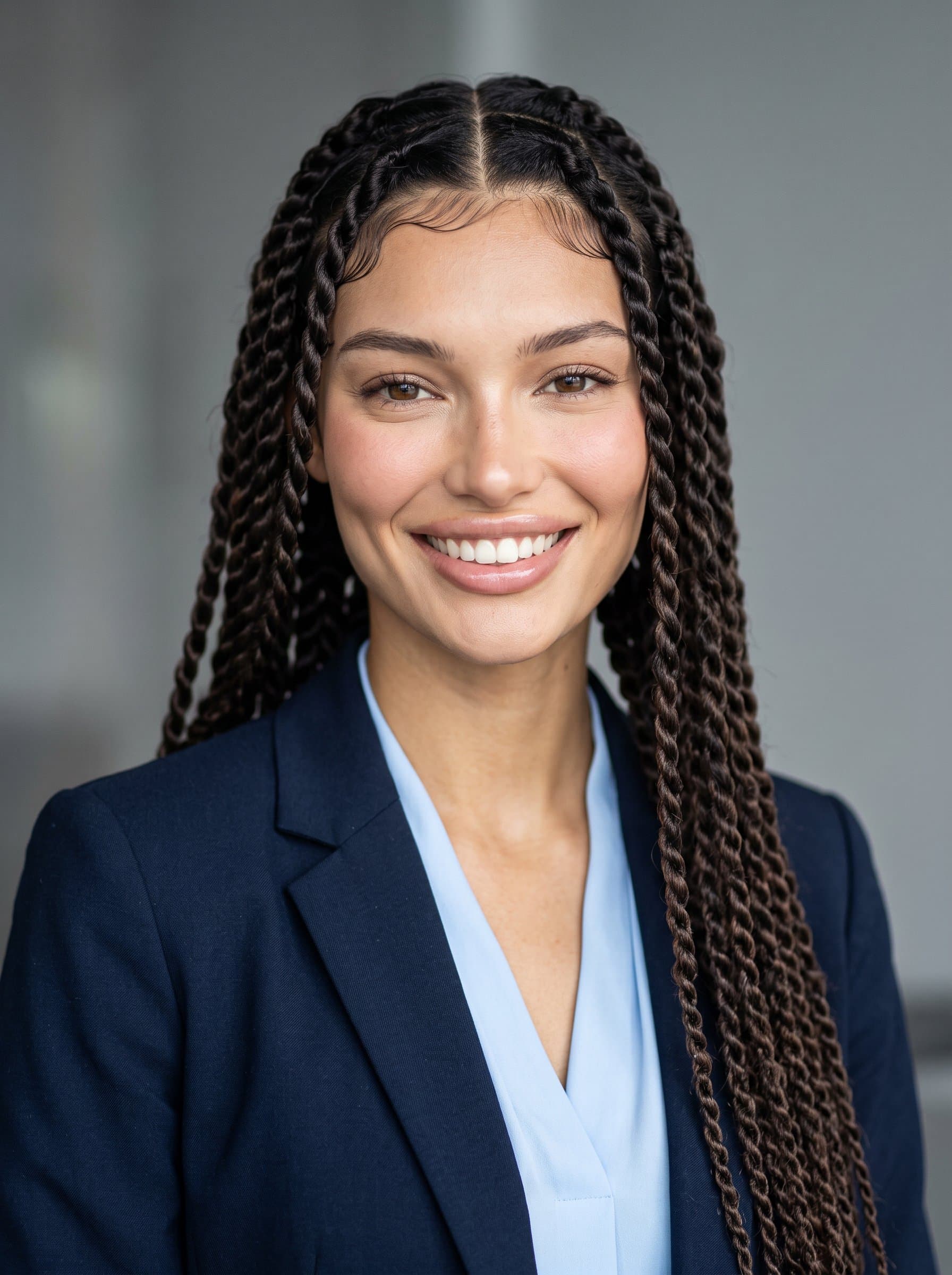 Portrait of in a smart navy jacket, exuding approachability and confidence, with a soft-focus neutral background, tailored for an engaging business card.