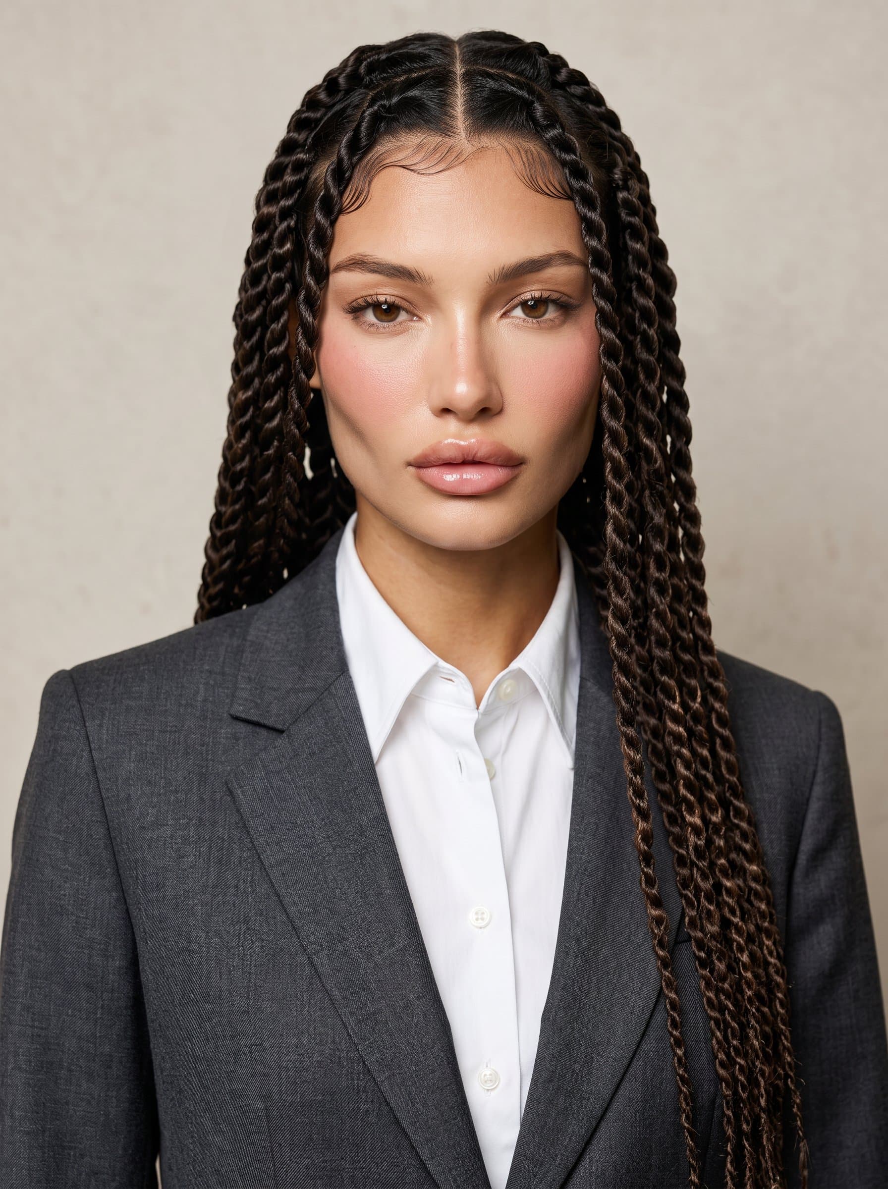 A high-resolution AI portrait of in a crisp white shirt and charcoal suit, with a neutral background, conveying authority and professionalism for business card use.