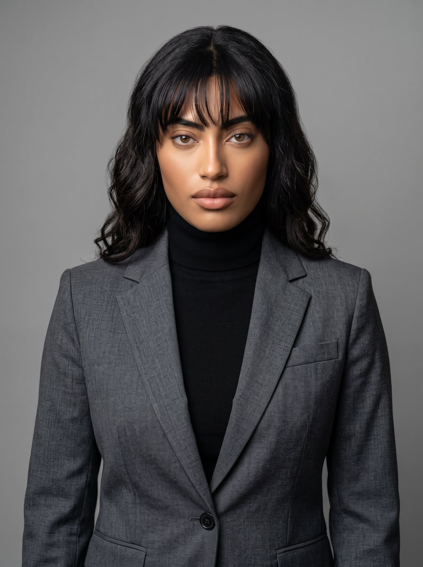 captured in a charcoal grey jacket with an assertive expression, set against a minimalist background, ensuring a timeless look for business card applications.