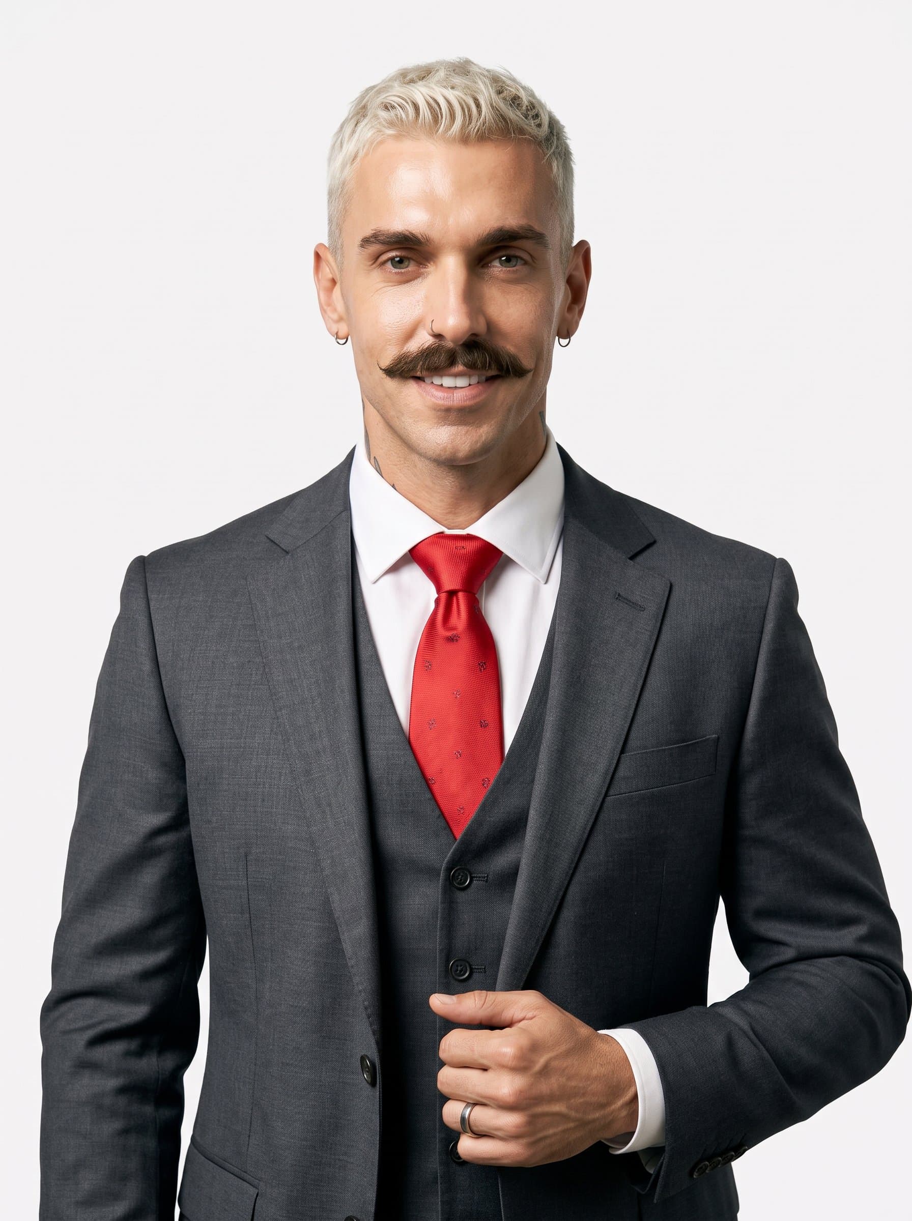 Envision in a tailored suit with a bright tie, captured with a confident gaze and a plain white background, crafted for a striking business card presence.