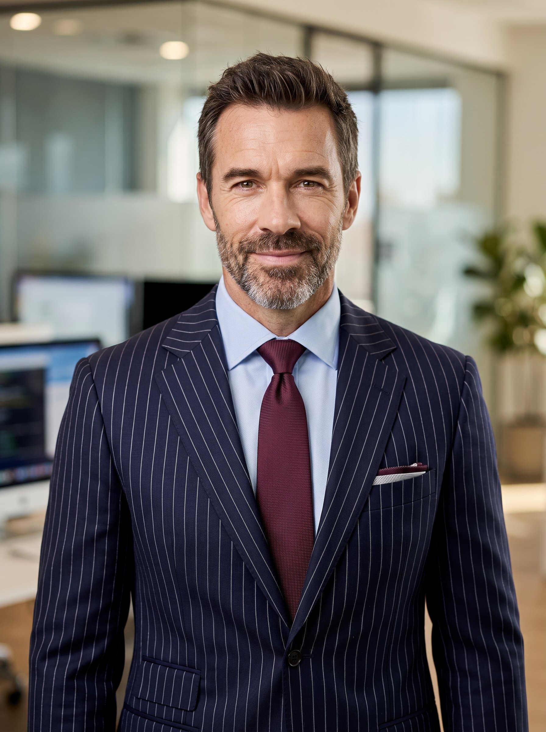 Create an AI headshot of in a pinstripe suit, with a soft-focus background, offering a blend of tradition and innovation for business card representation.