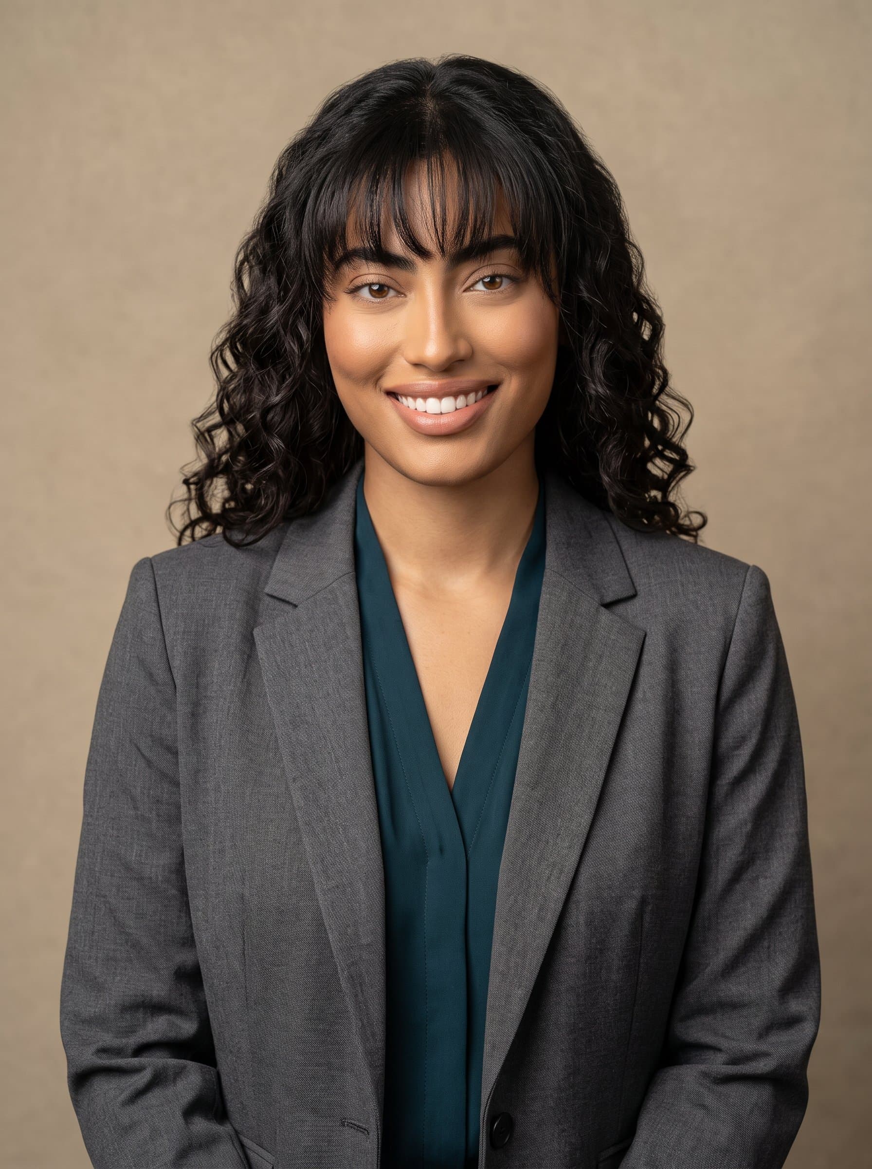 in a mid-tone blazer with a relaxed and approachable expression, set against a muted beige background, perfect for a warm and professional business card image.