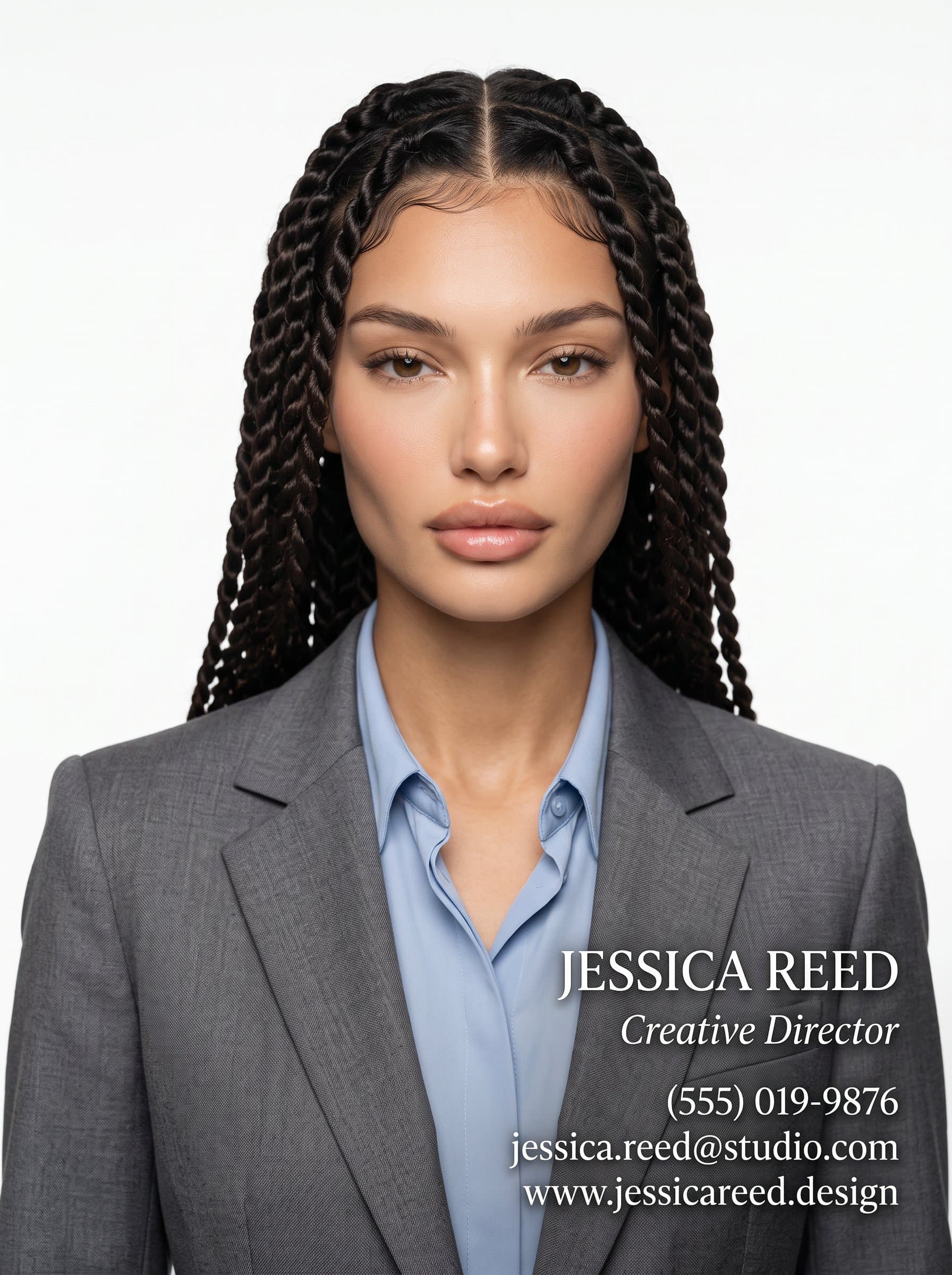 Create in a classic grey suit and soft blue shirt, with a serene expression, against a simple white backdrop, designed for an elegant business card appearance.