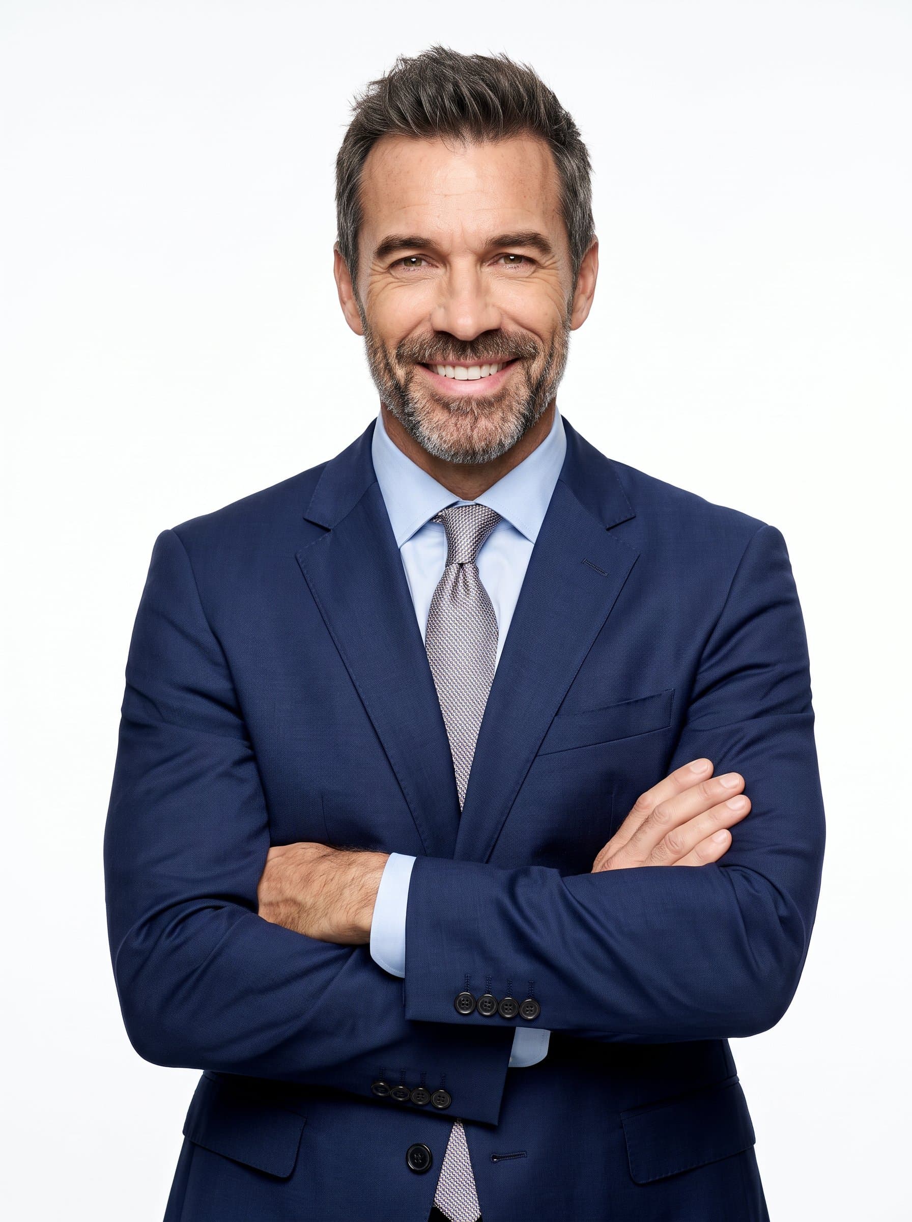 depicted in a corporate ensemble with a relaxed smile, set against a sharp white background, making a friendly yet professional business card image.