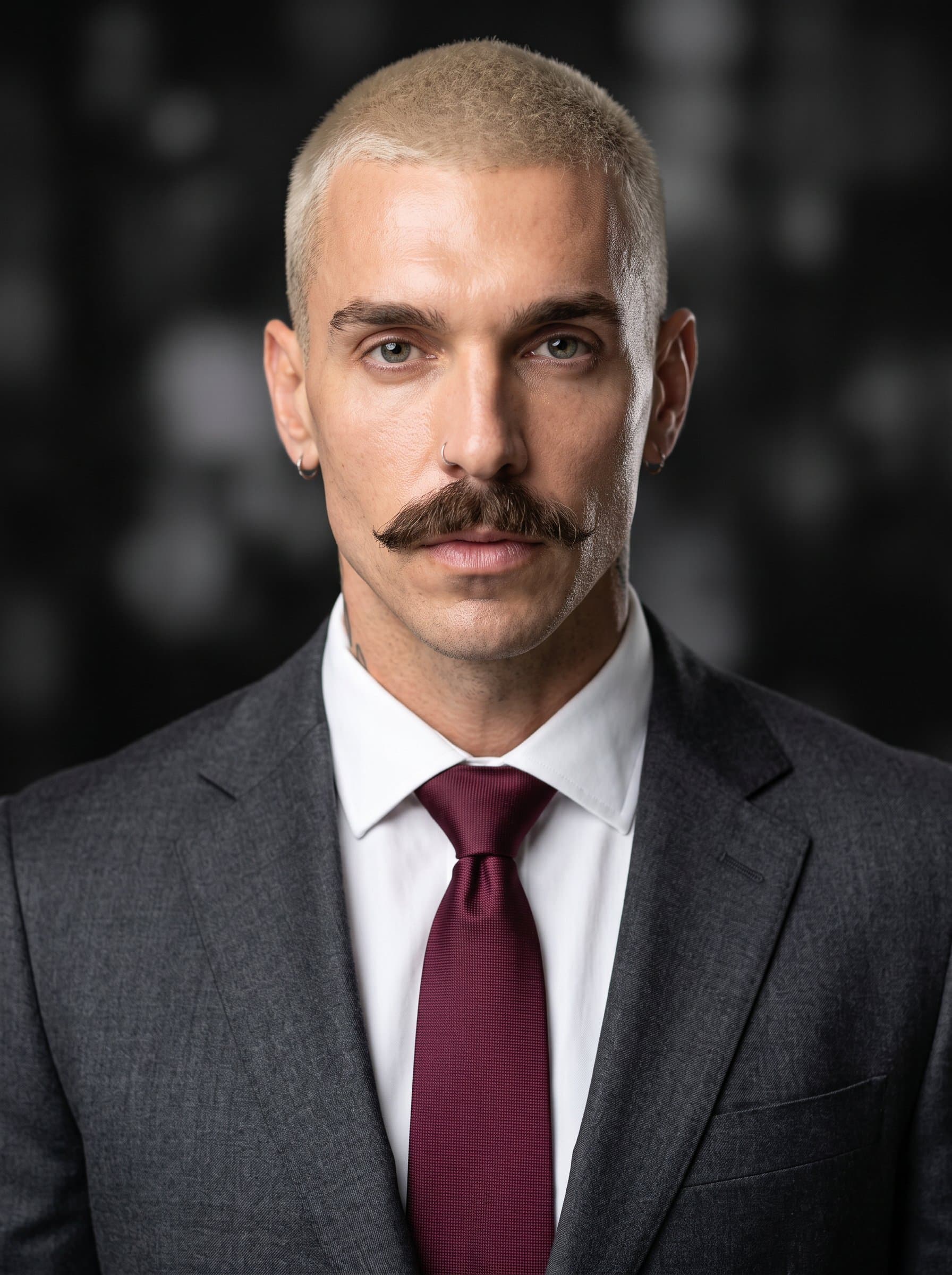 Generate a refined AI headshot of in a dark suit with a contrasting tie, against a blurred monochrome background, intended for a sophisticated business card.