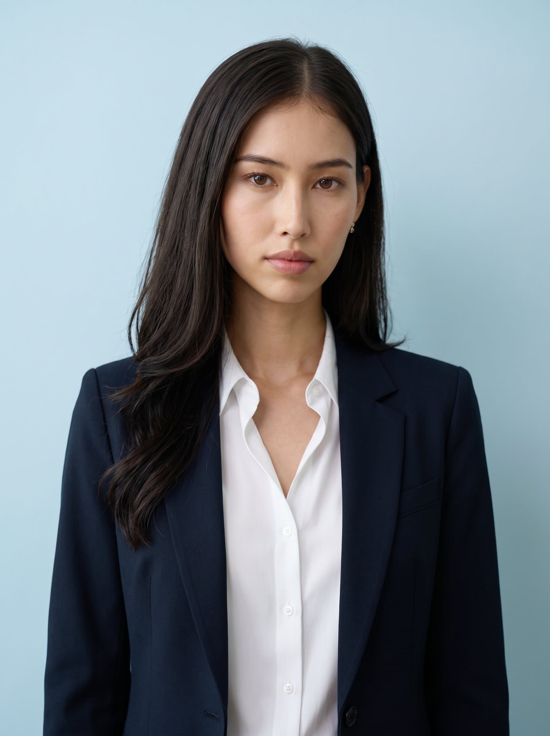 Envision in a modern business outfit, with a thoughtful expression and a plain pastel background, perfect for a thoughtfully designed business card.