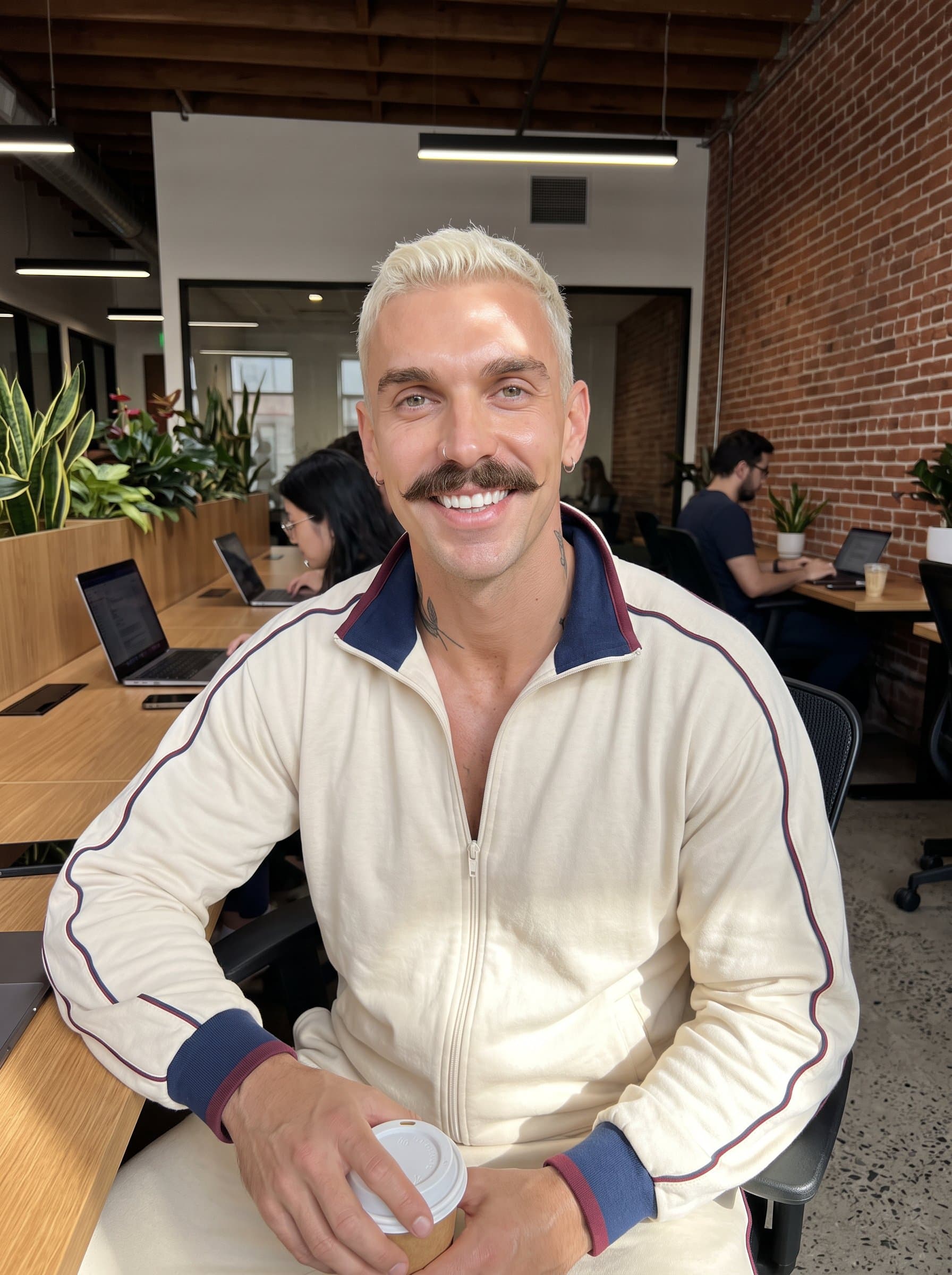 In a modern co-working space, smiles engagingly at the camera. Natural sunlight illuminates the face, highlighting a neat hairstyle. The backdrop of stylish desks adds a touch of contemporary professionalism.