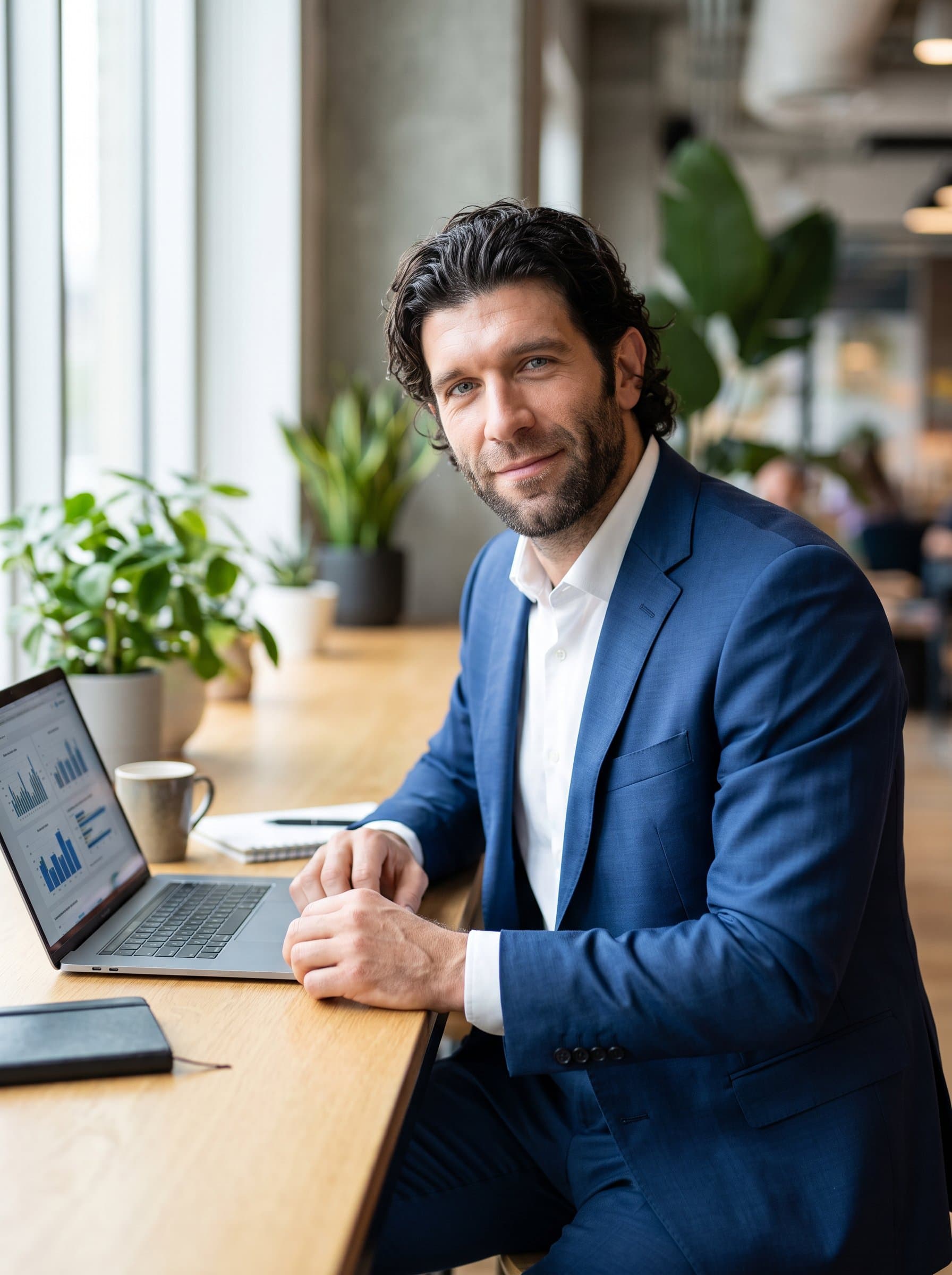 Sitting at a desk with a sleek laptop, looks directly at the camera, exuding confidence. The soft-focus background of a modern office and gentle lighting create an inviting, professional presence.