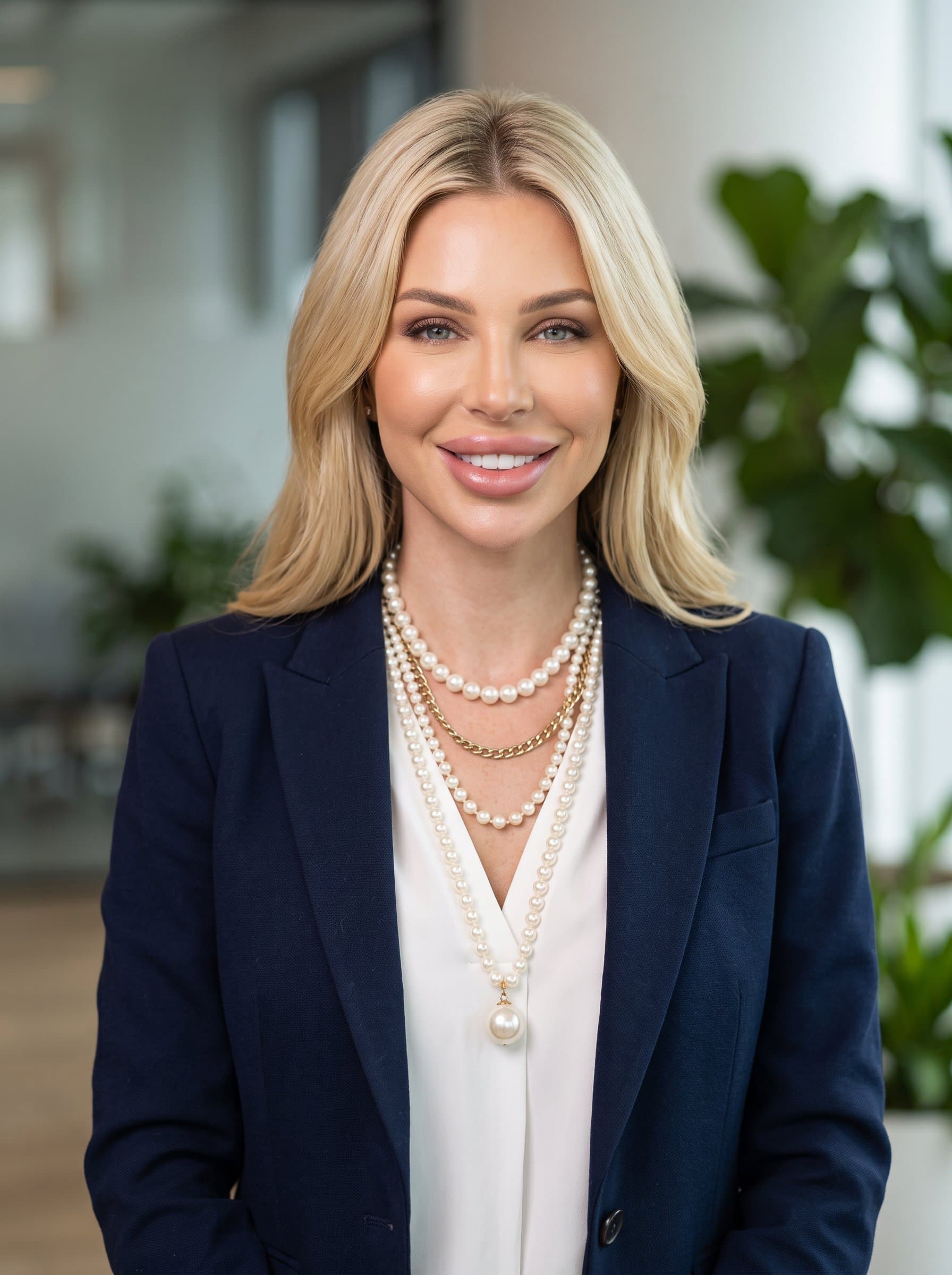 wearing a smart casual blazer stands confidently against a blurred office background. Soft lighting enhances facial features, emphasizing the warm smile. The headshot conveys a professional yet approachable demeanor, perfect for LinkedIn.