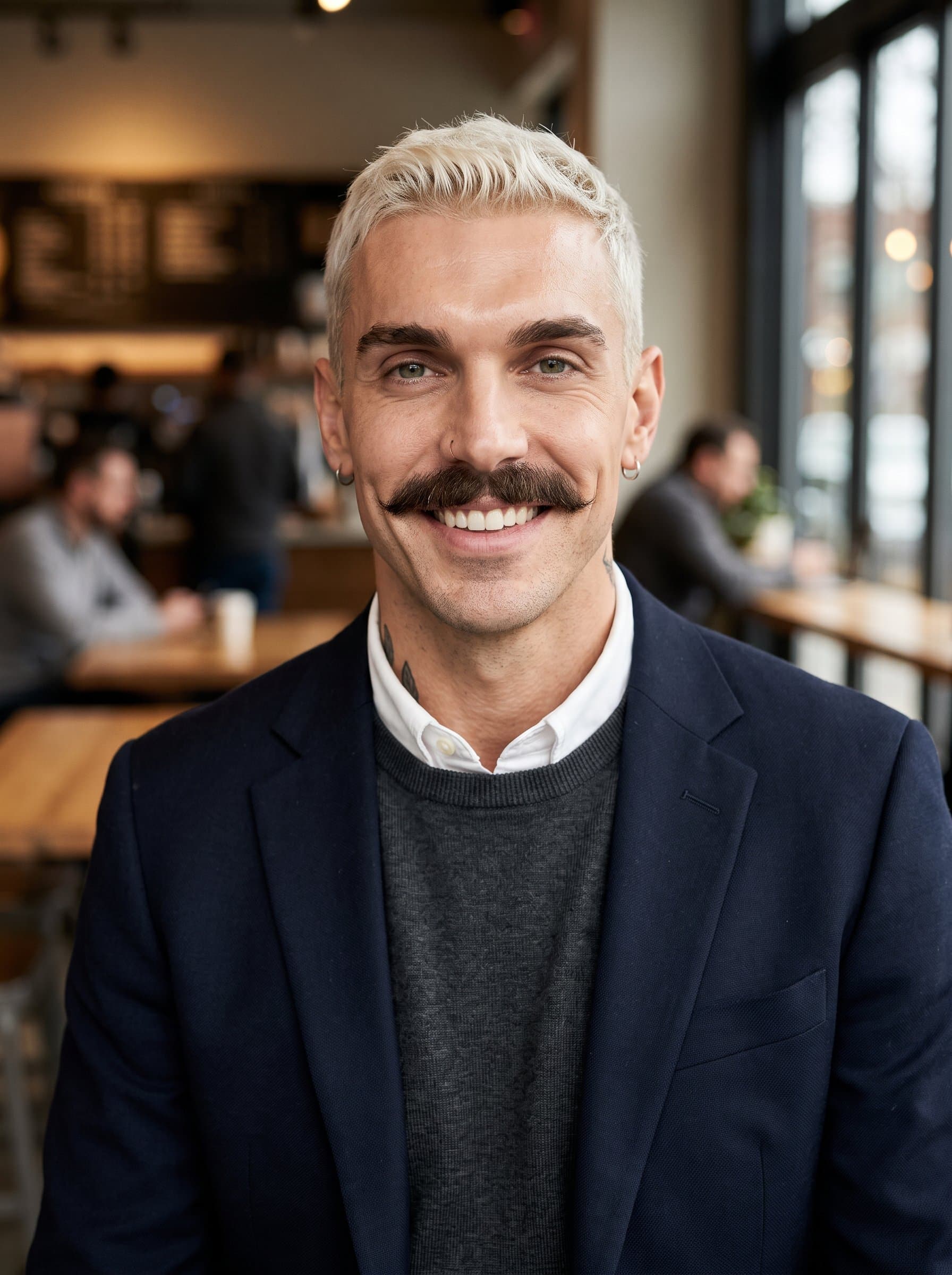With a blurred coffee shop in the background, 's headshot captures a contemporary, relaxed professionalism. The smart-casual outfit and soft lighting enhance the inviting, authentic expression.