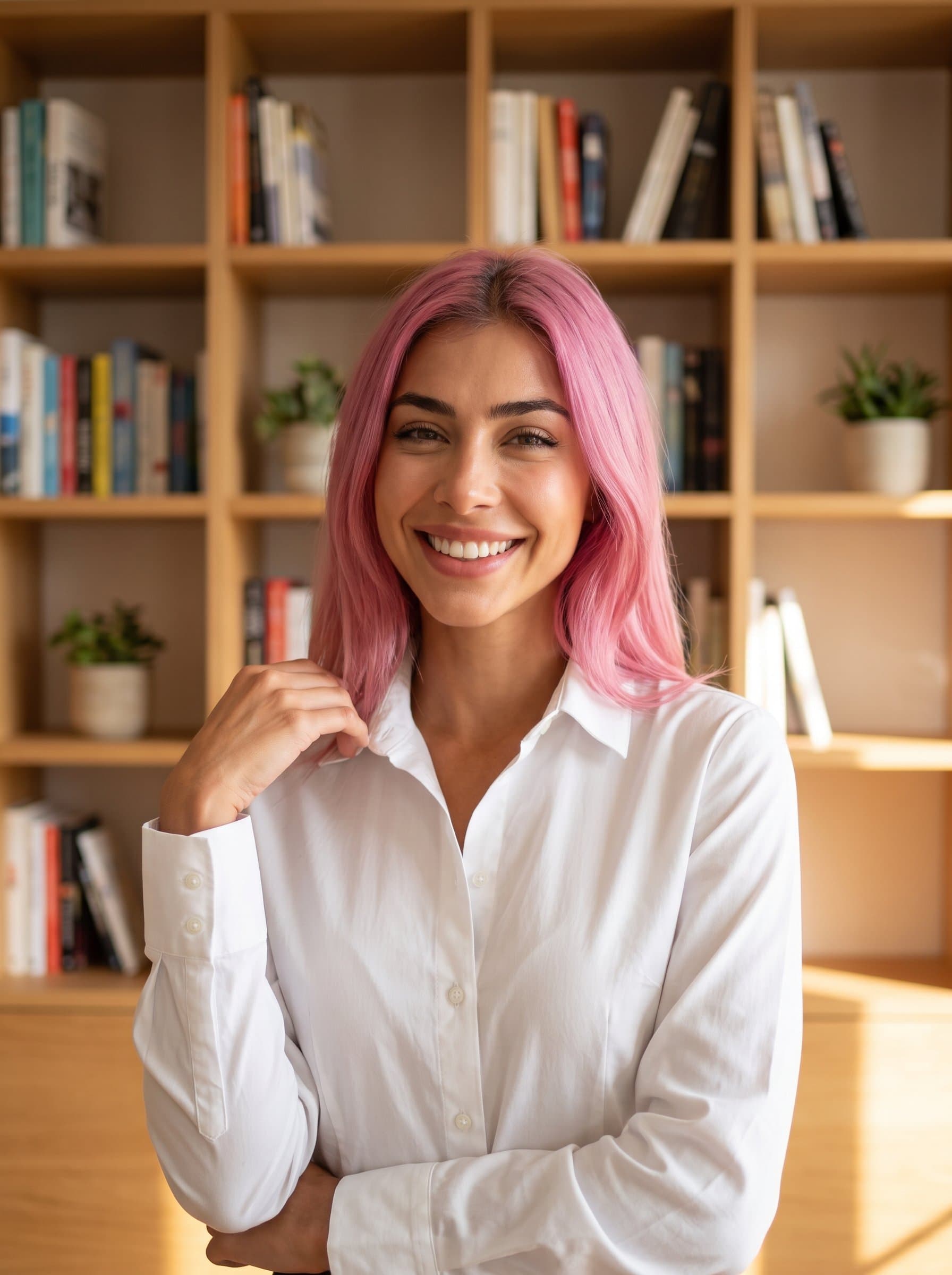 adorned in a crisp button-up shirt, poses with a friendly expression. The minimalist background of a well-organized bookshelf complements the professional tone, while warm light captures the friendly, approachable energy.