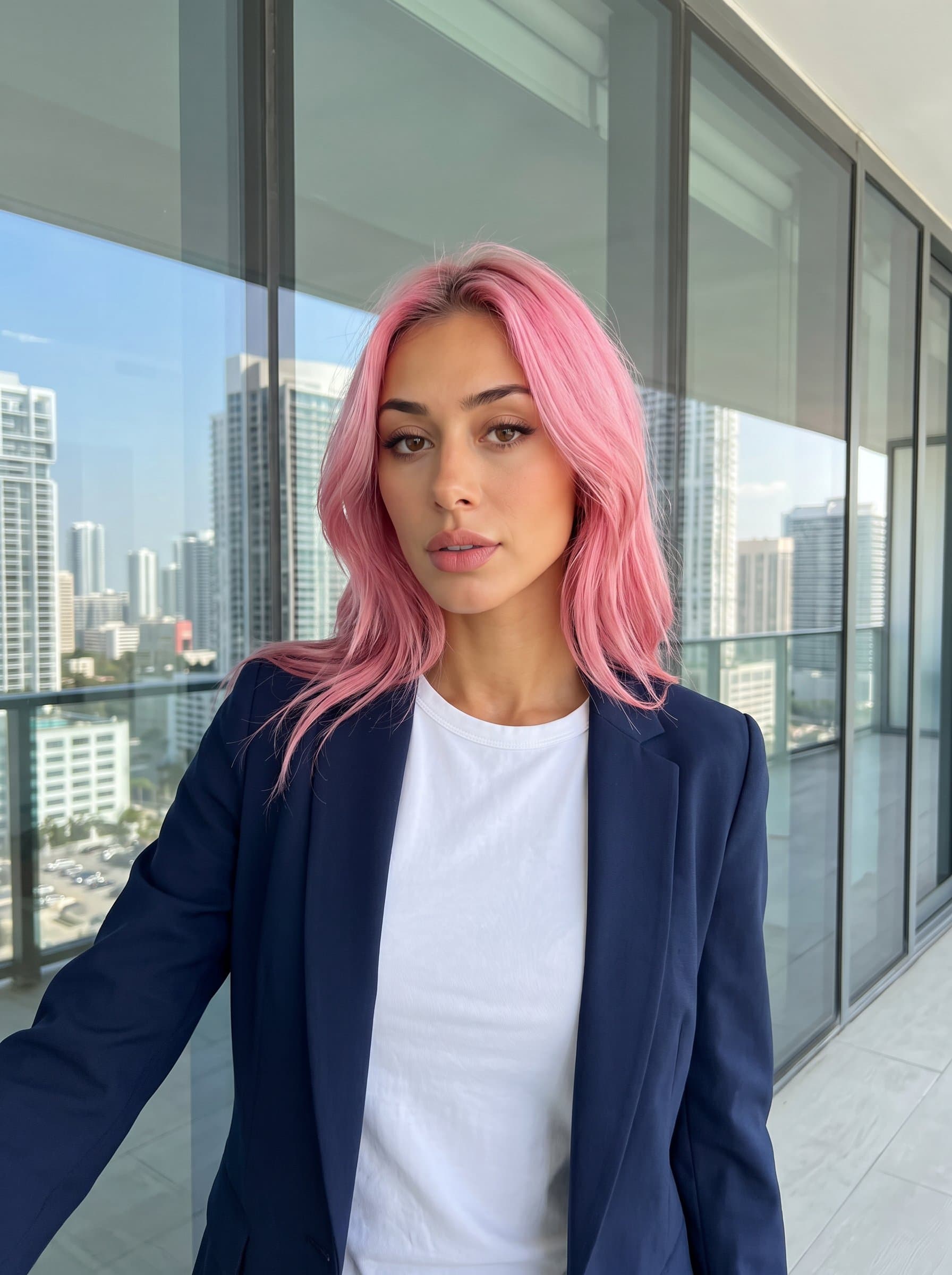 Standing in front of a glass wall with cityscape views, 's headshot conveys dynamism and modernity. The casual yet neat attire, combined with neutral lighting, presents a balanced, professional image.