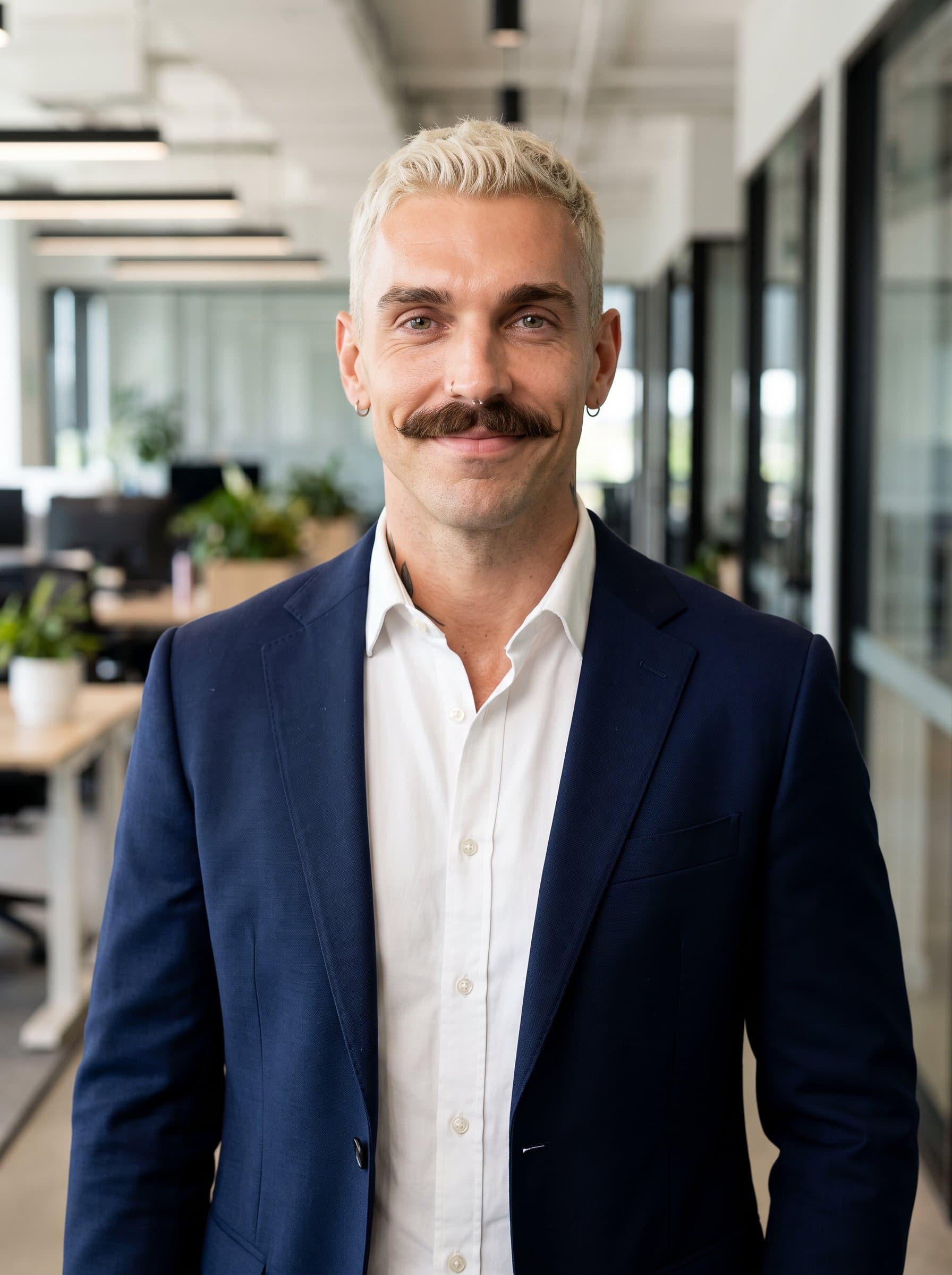 Smiling softly, poses against a backdrop of contemporary office decor. Wearing a well-fitted blazer, the neutral lighting highlights an approachable, professional demeanor perfect for LinkedIn.
