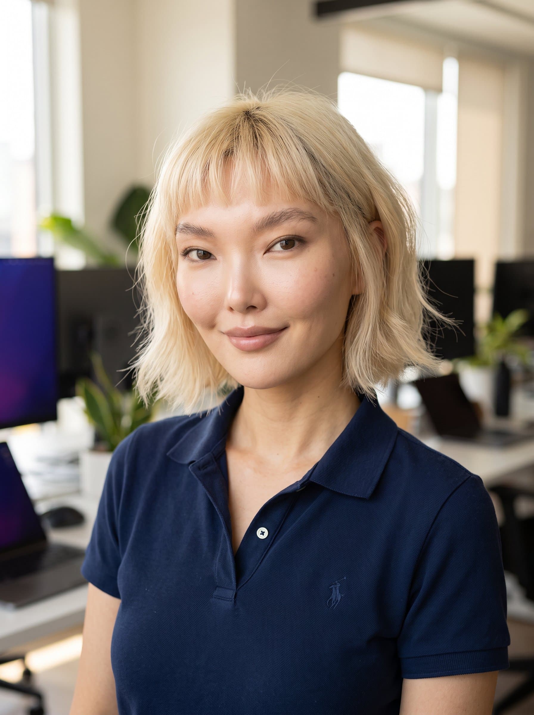 with a slight tilt to the head, is set against a softly blurred tech workspace. Wearing a neat polo, the gentle lighting emphasizes the approachable yet professional aura, ideal for corporate profiles.