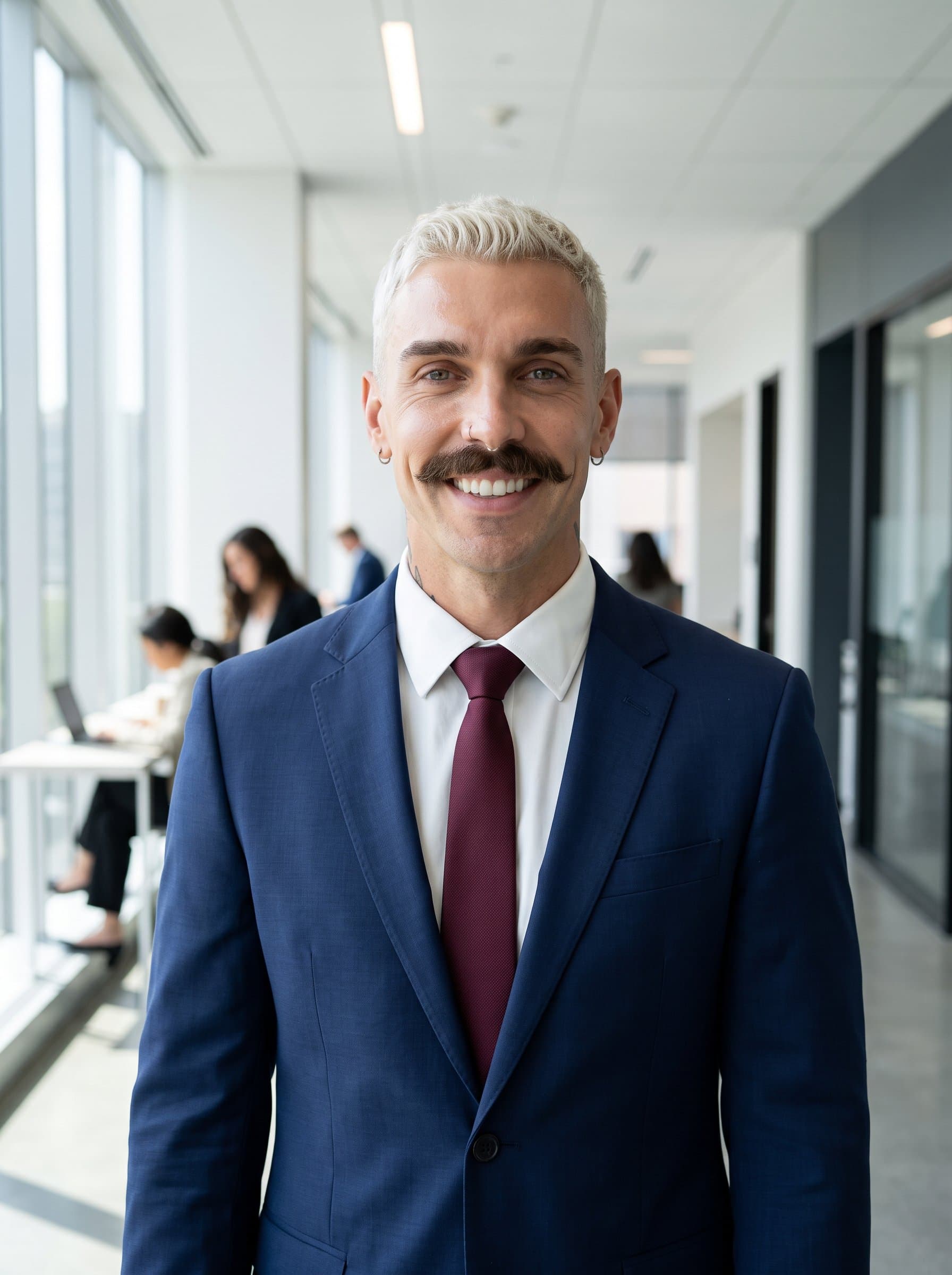 In a bright office corridor, smiles warmly, with the natural light highlighting expressive eyes. The modern setting and professional outfit create a trustworthy, competent image suited for LinkedIn.
