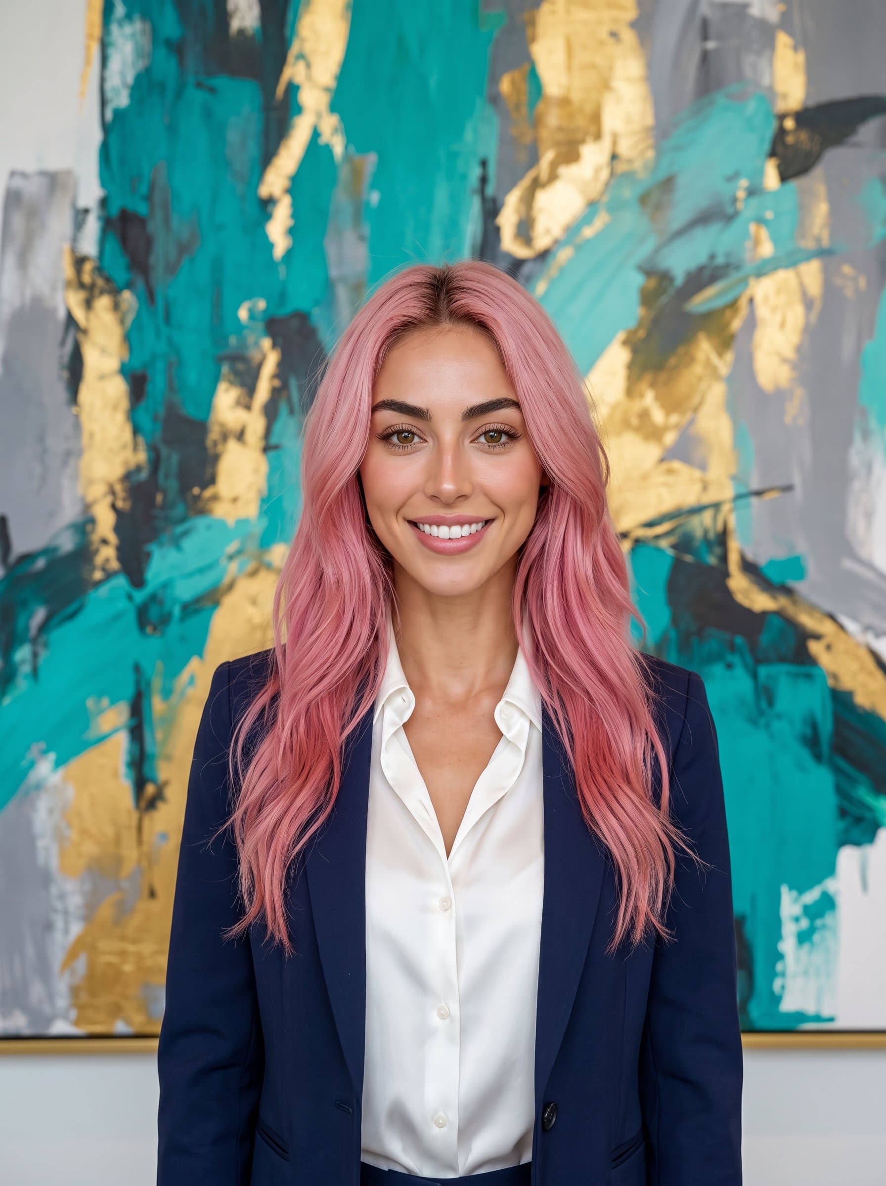 stands in front of an abstract art piece, embodying creativity and professionalism. The neutral lighting and smart attire ensure the headshot is perfect for business profiles, exuding confidence and approachability.
