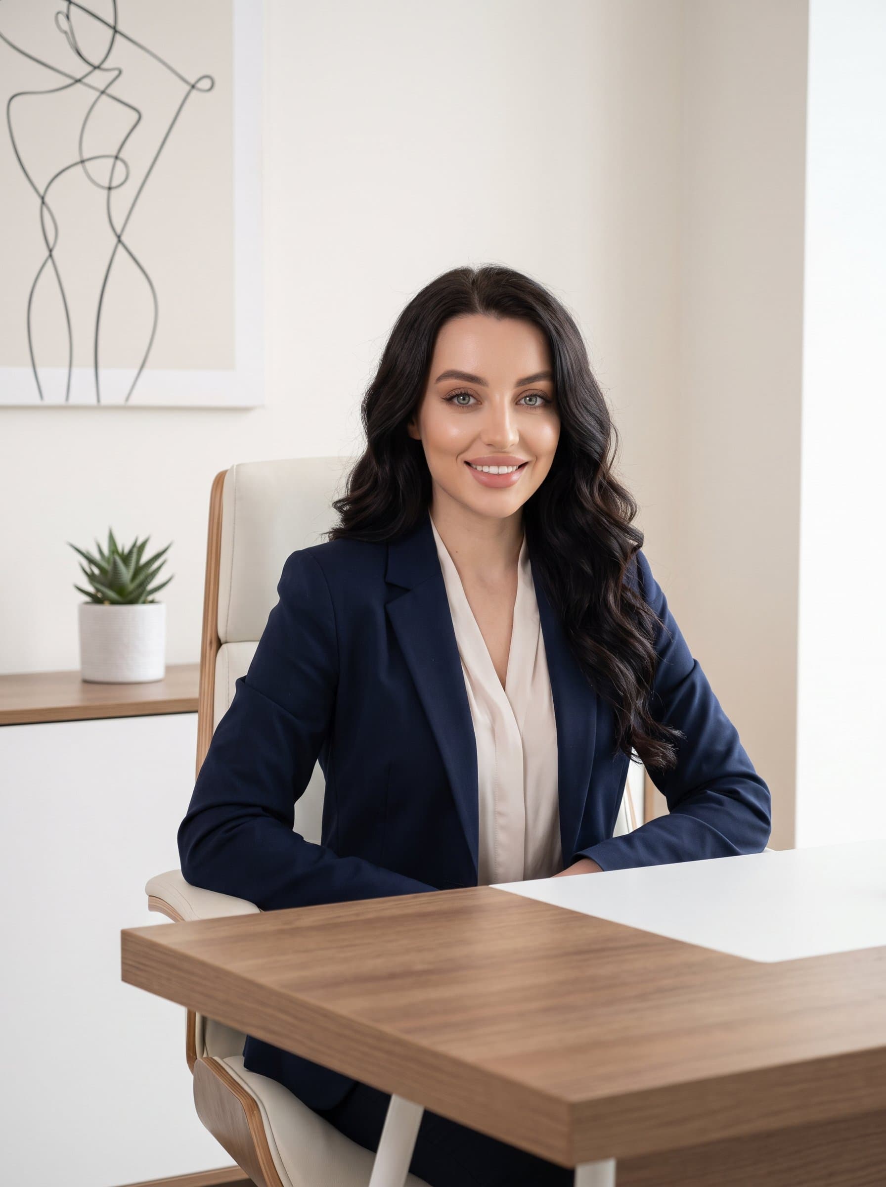 sits at a stylish desk with a minimalist decor background. The professional, relaxed posture and soft lighting create an inviting and competent headshot, suitable for any professional platform.