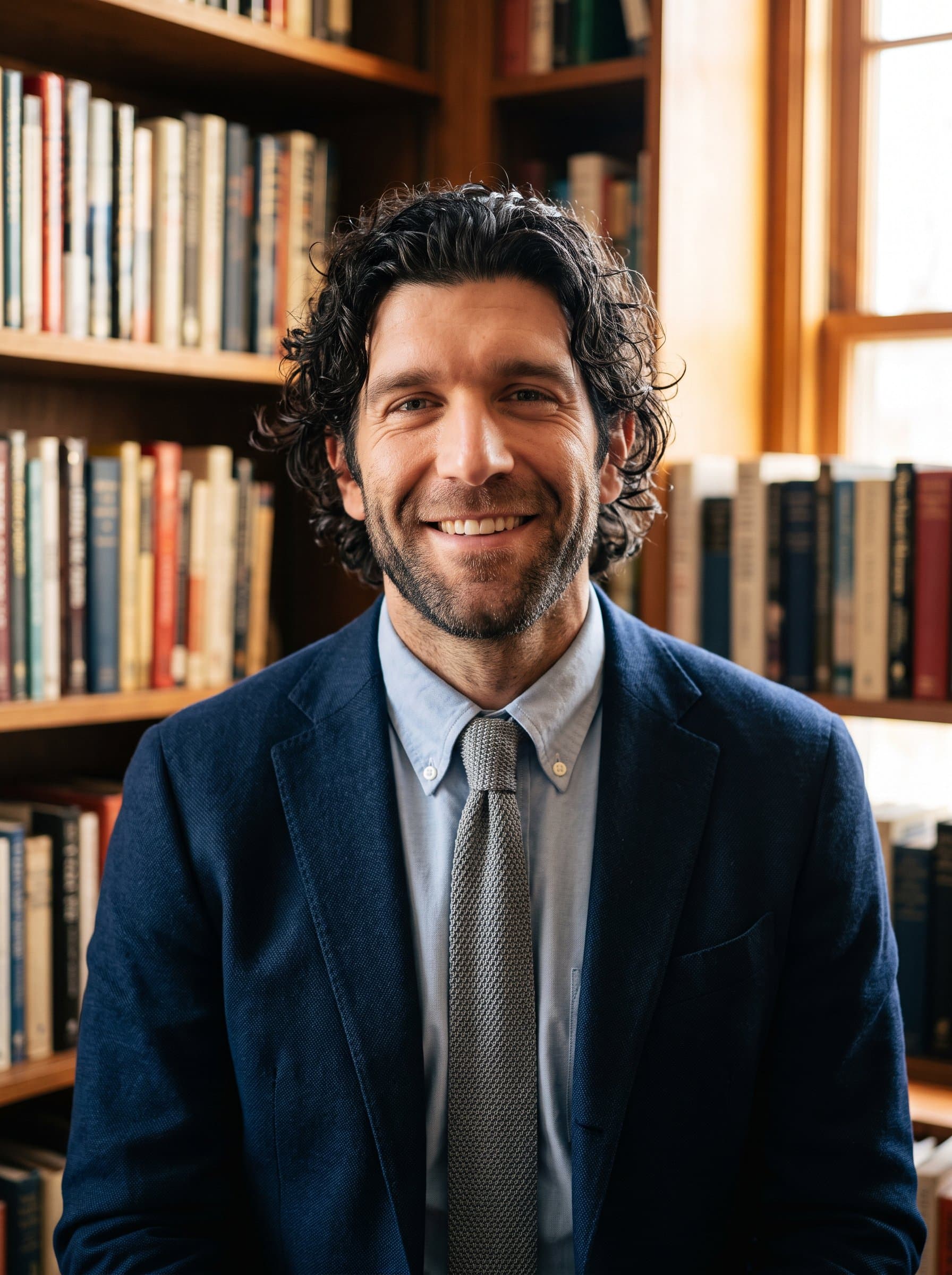 In a well-lit library corner, 's headshot is framed by rows of books. The smart, casual outfit and warm lighting give off an approachable aura, ideal for a professional online presence.