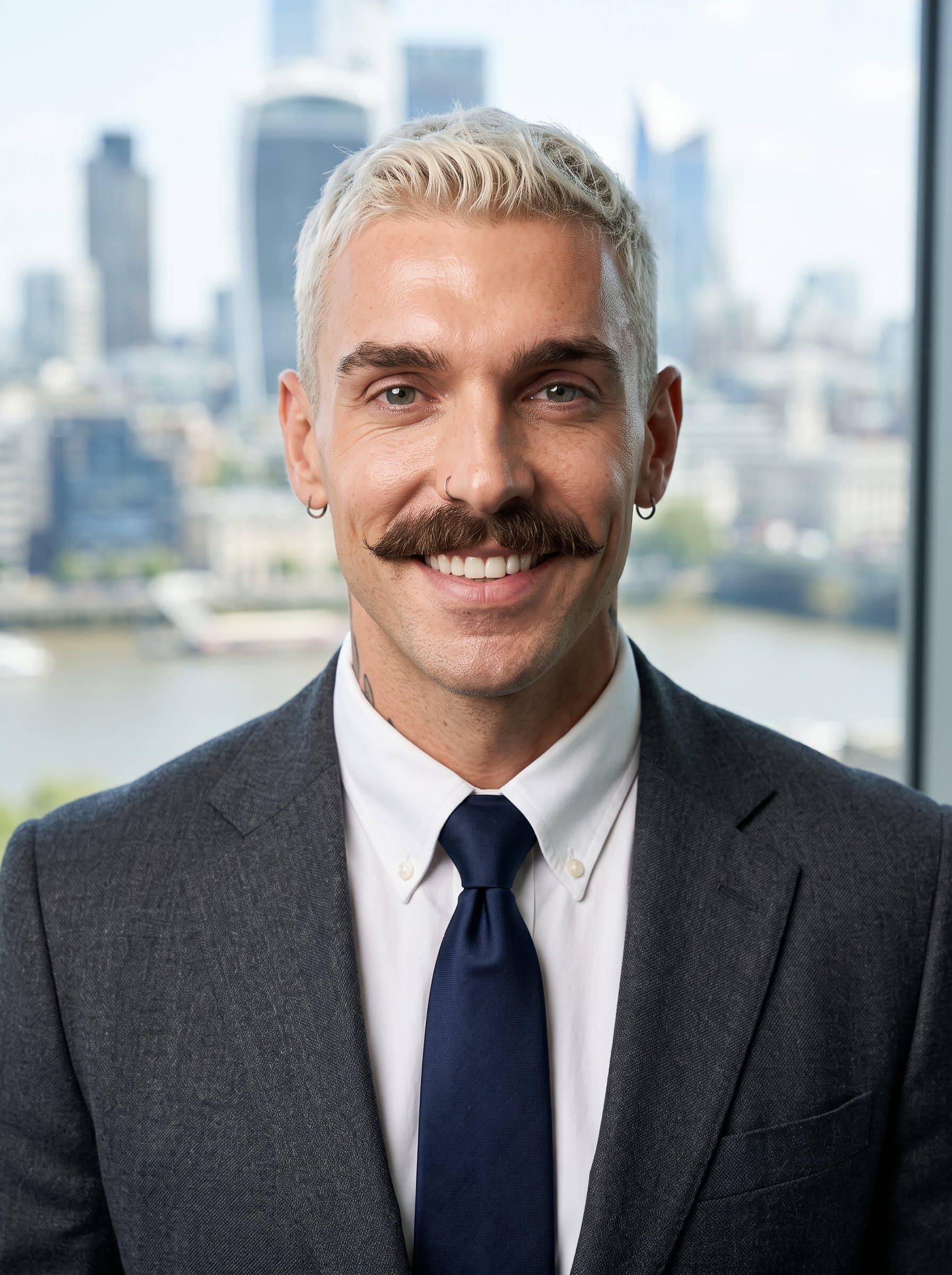 framed by a softly blurred urban skyline, gazes confidently into the camera. The sharp, professional outfit and natural lighting create a compelling headshot that exudes modern professionalism and approachability.