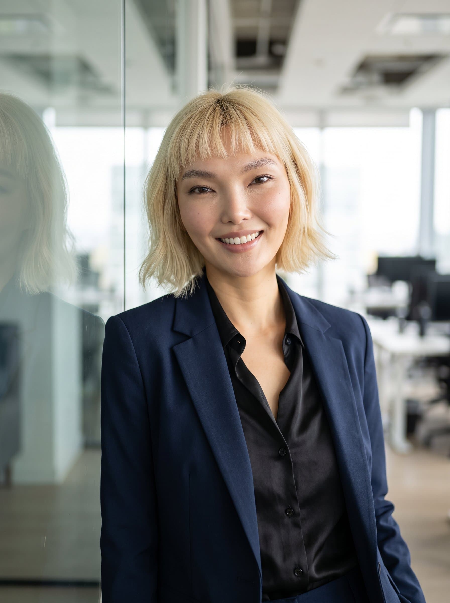 Leaning casually against a glass partition, 's headshot showcases a sleek, modern style. The soft lighting enhances the friendly, professional expression, making it perfect for LinkedIn or corporate websites.
