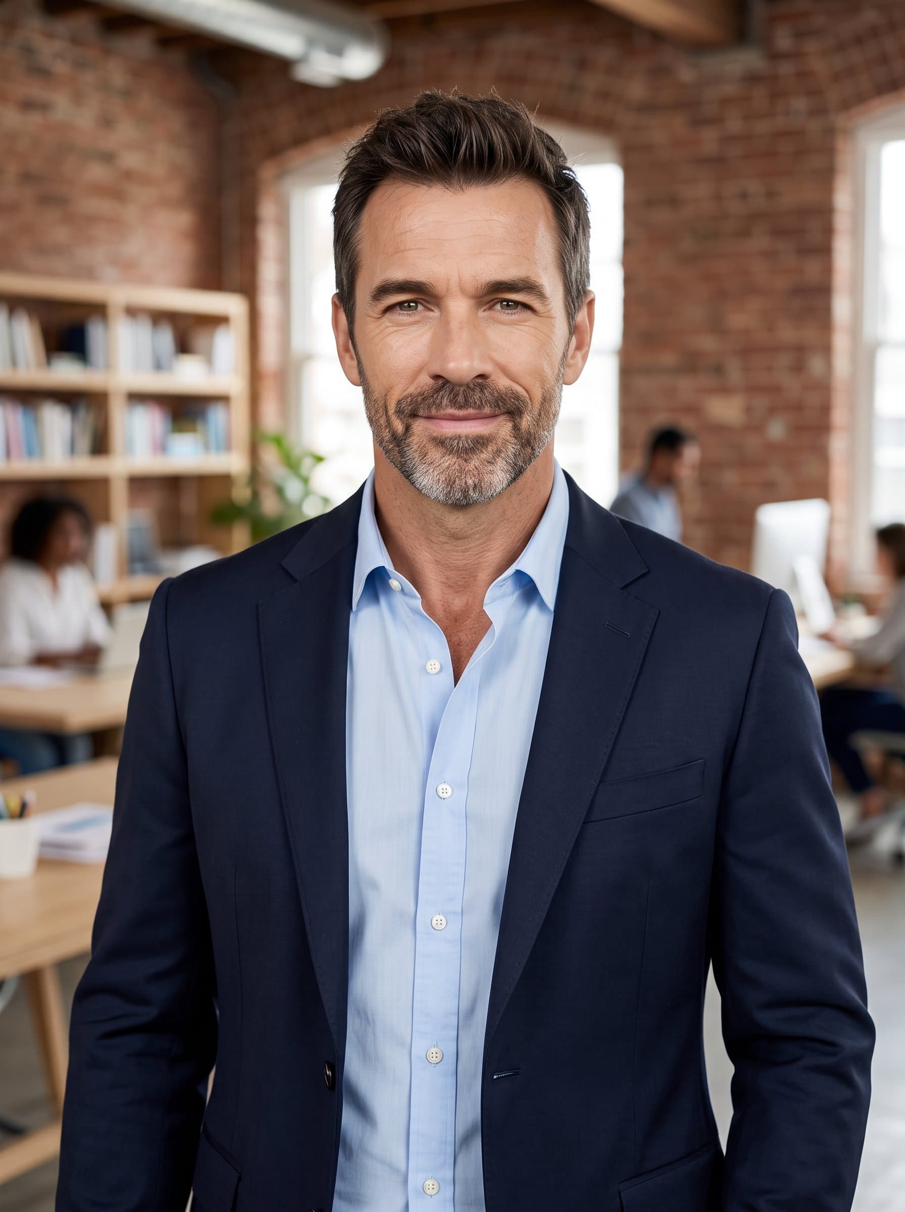 With a trendy open-plan office as a background, projects a warm, professional presence. The well-chosen outfit and natural lighting create an approachable headshot, highlighting competence and likability.